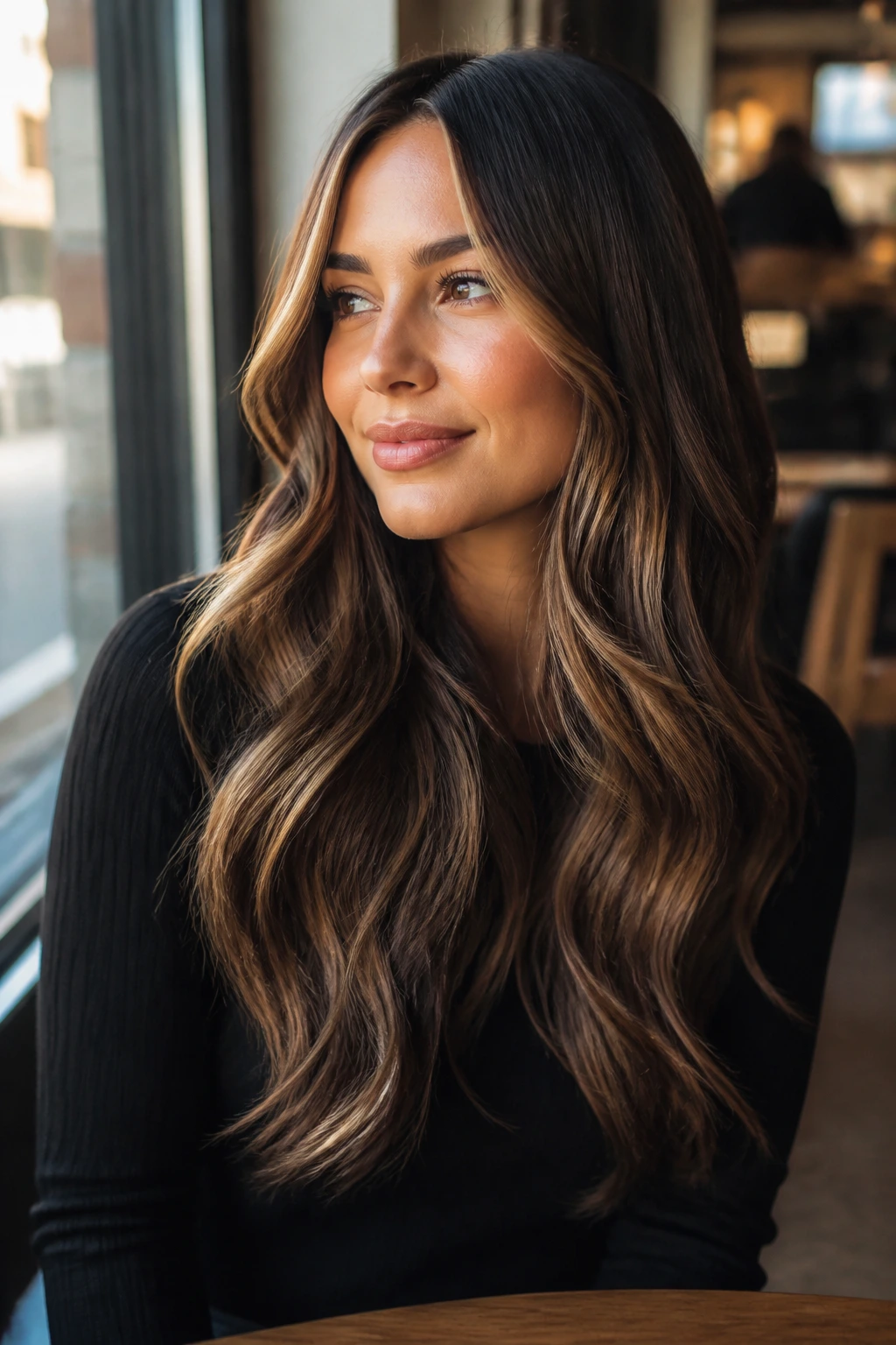 Long caramel-brunette hair with ribbon highlights in warm light