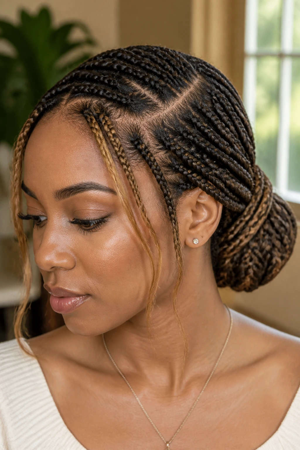 Close-up of caramel-highlighted face-light bun with deep side part on a real person