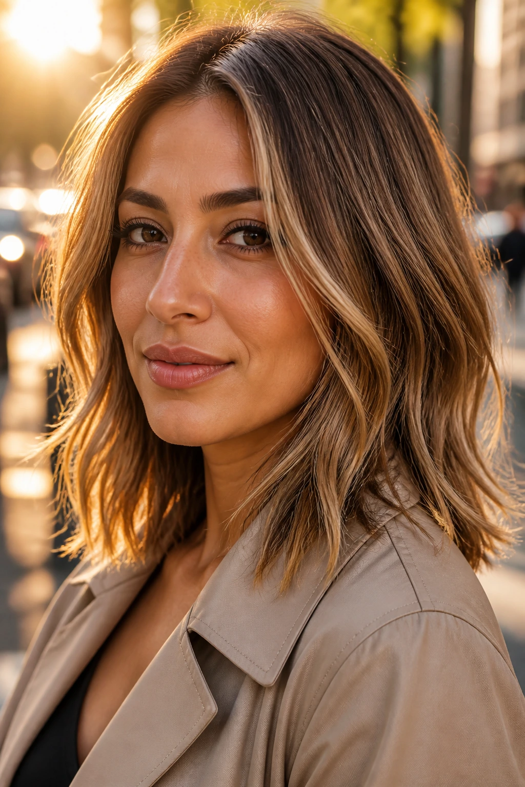 Close-up portrait of a real woman with caramel butter mid-length hair