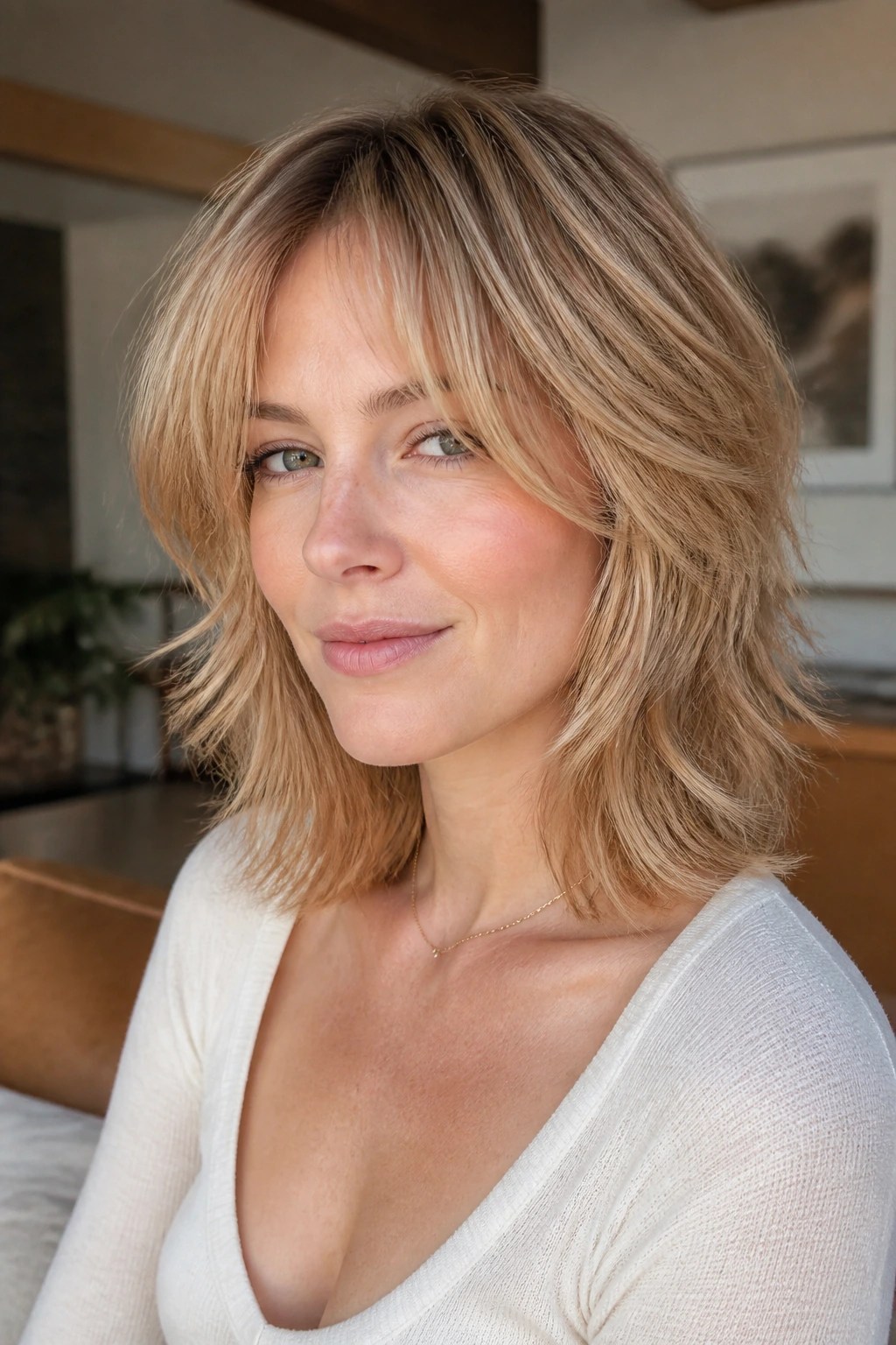 Close-up of a real woman with a caramel-champagne shag hairstyle.