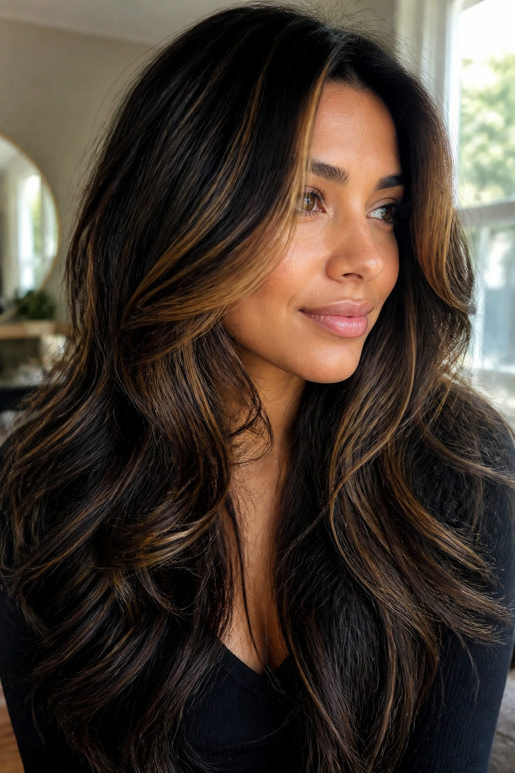 Close-up of thick hair showing caramel color around face and mid-lengths