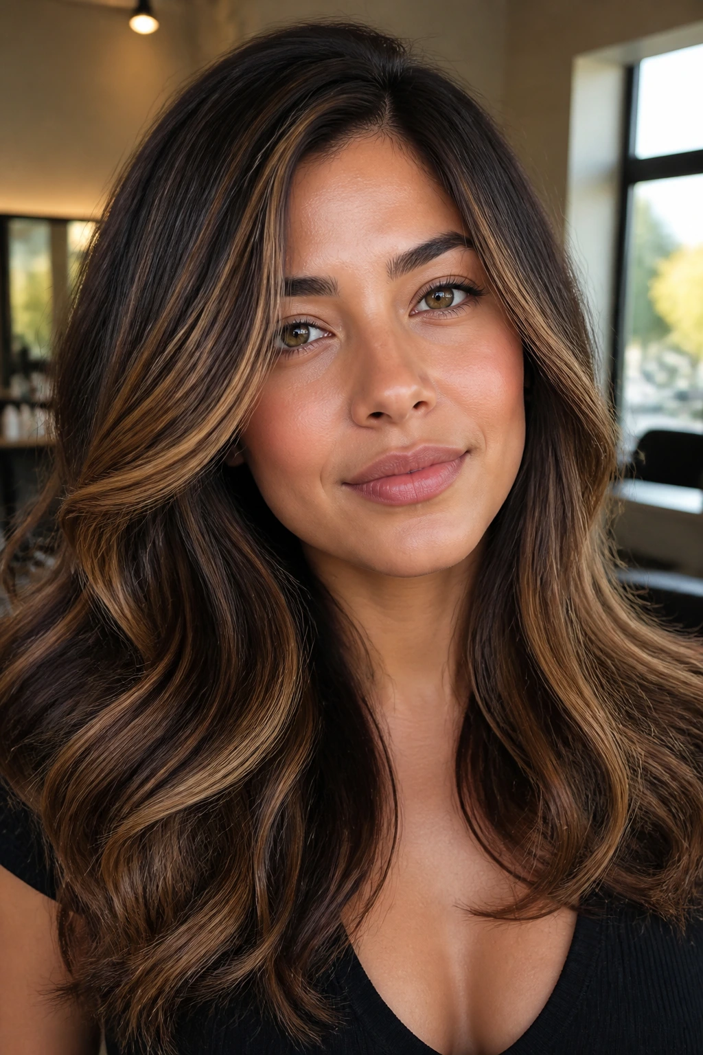 Portrait of olive-skinned woman with caramel contour balayage around cheekbones and jawline.