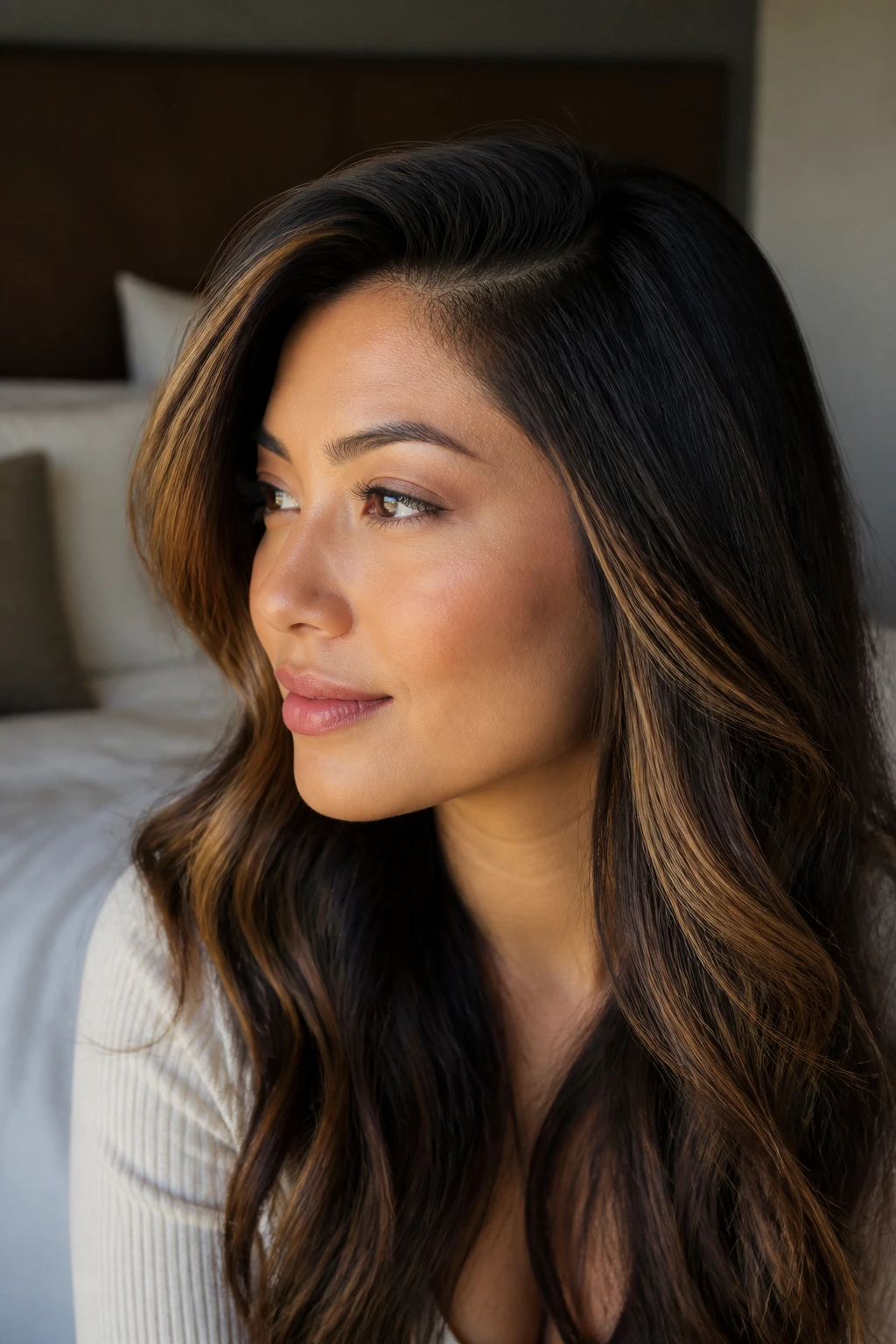 Close-up of real woman showing caramel contour around cheekbones