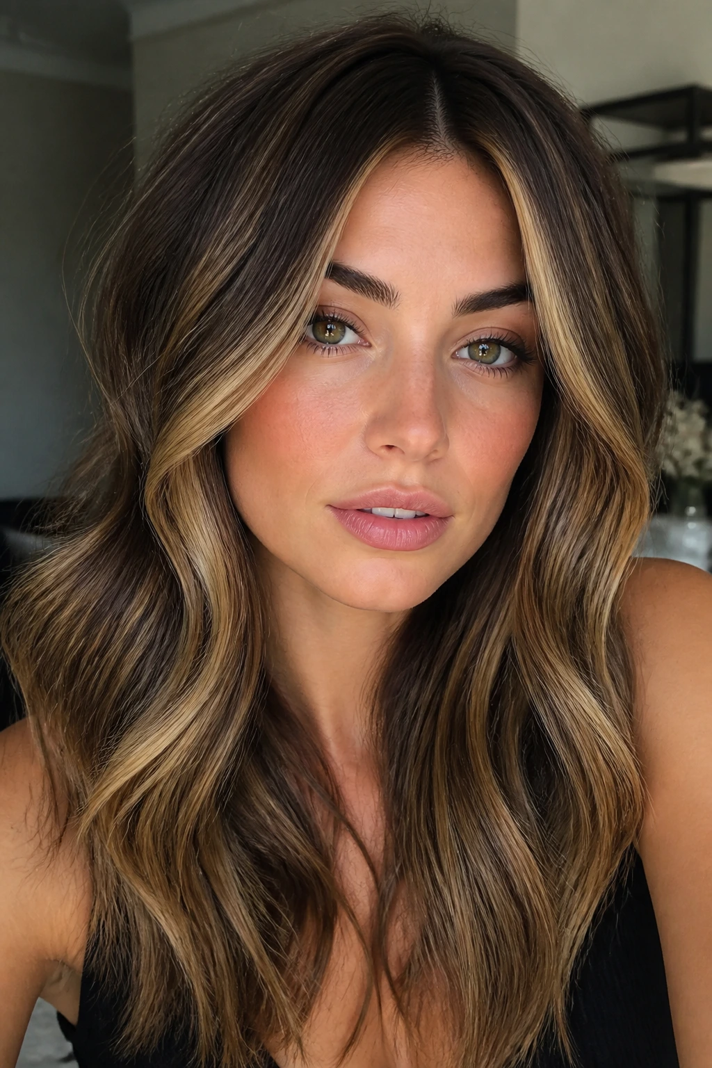 Real woman with caramel contour highlights around facial features