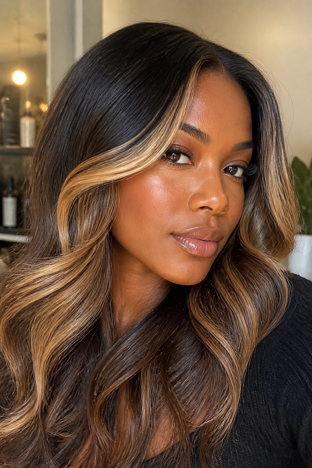 Close-up of a real woman with caramel contour highlights sculpting the face.