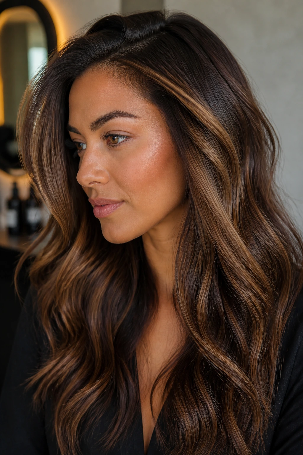 Contour caramel highlights at temples and cheekbones on a real woman