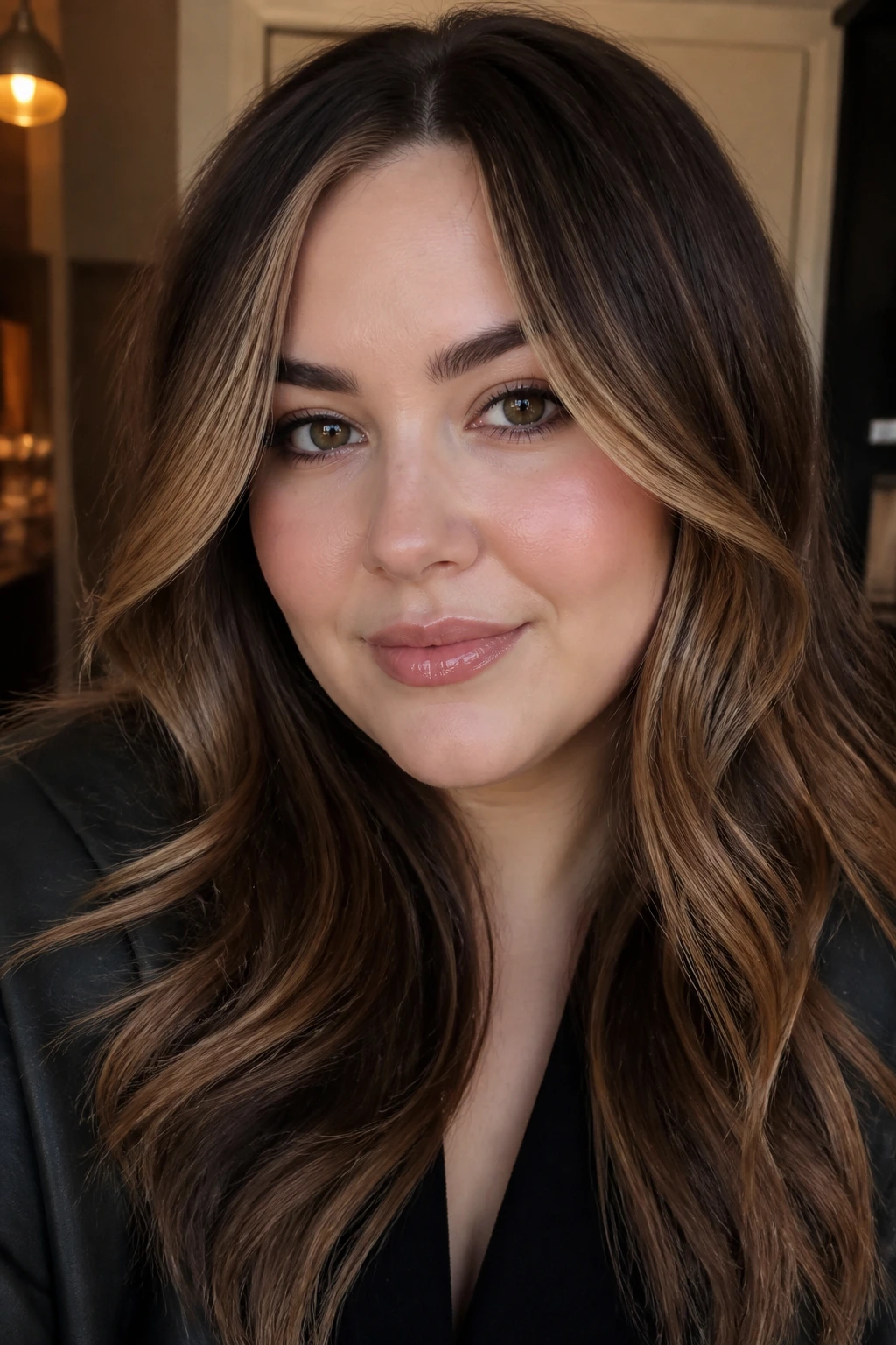 Caramel contour highlights highlighting temples and cheeks on a round-face portrait