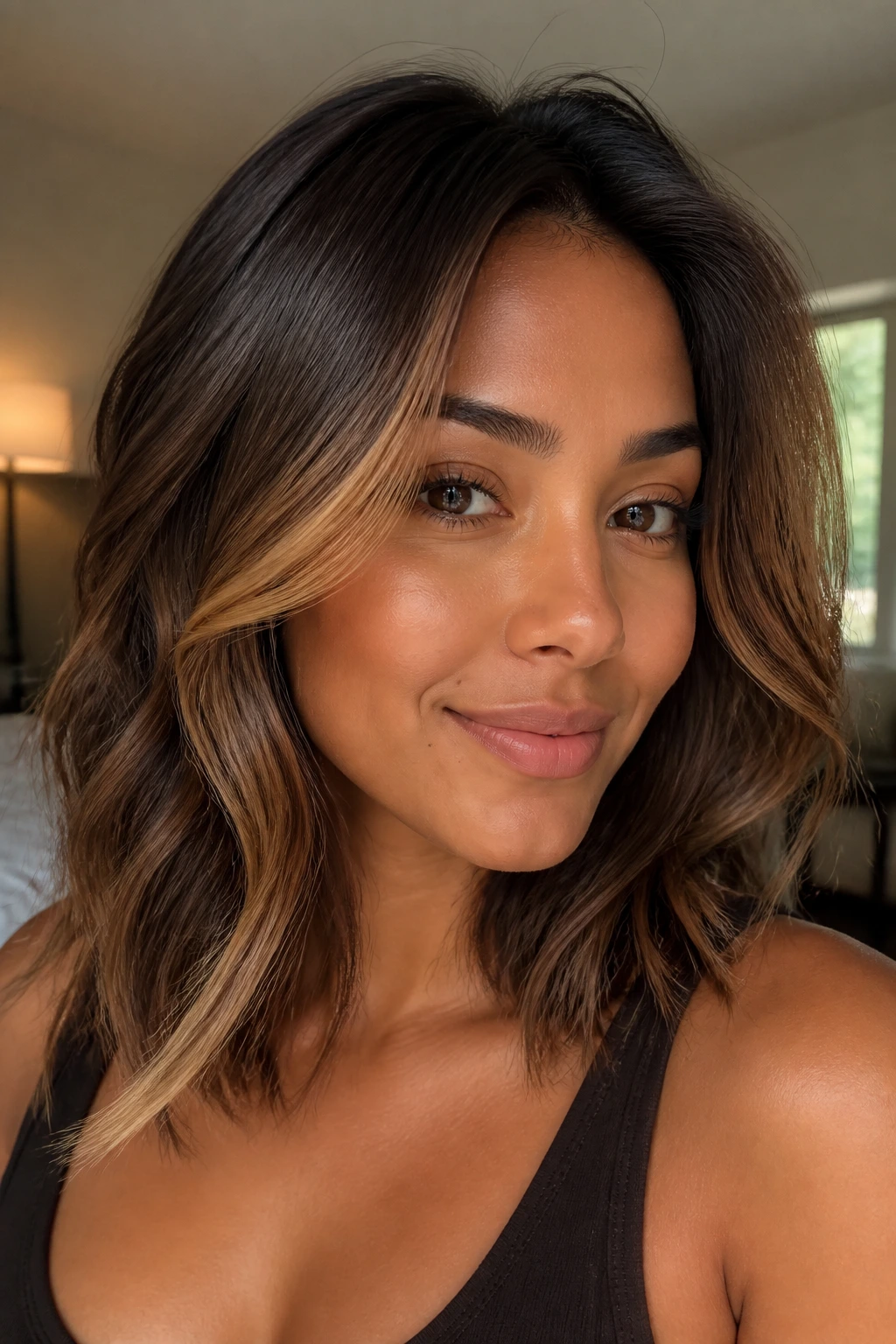 Portrait of a real person with face-framing caramel contour highlights, shoulder-length hair in soft light