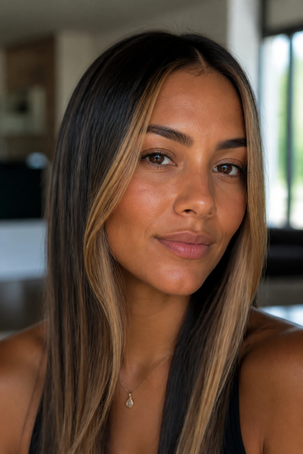 Close-up of a real woman with caramel contour pieces on straight hair highlighting cheekbones on tan skin