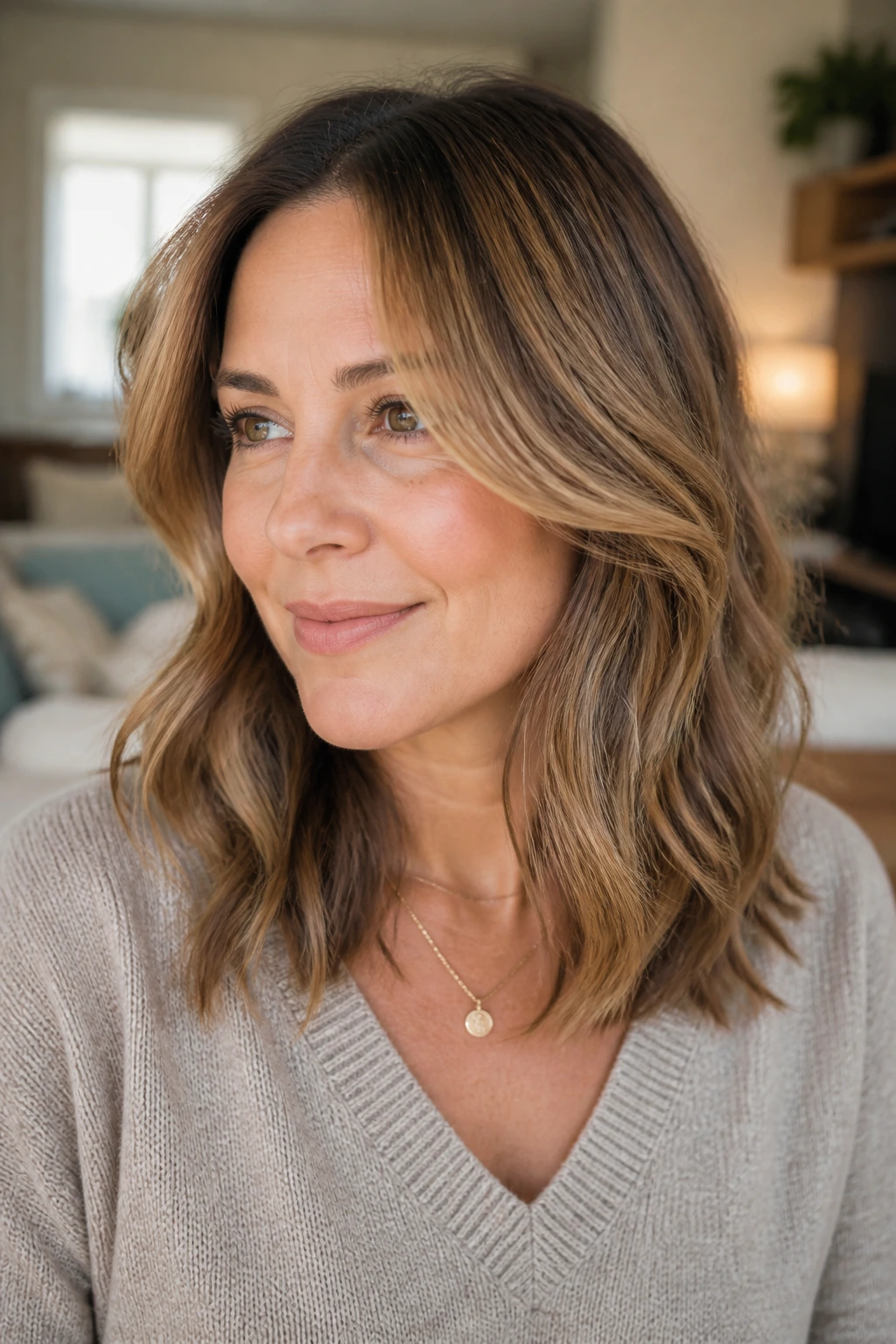 Real woman showing caramel contour variations in hair tone