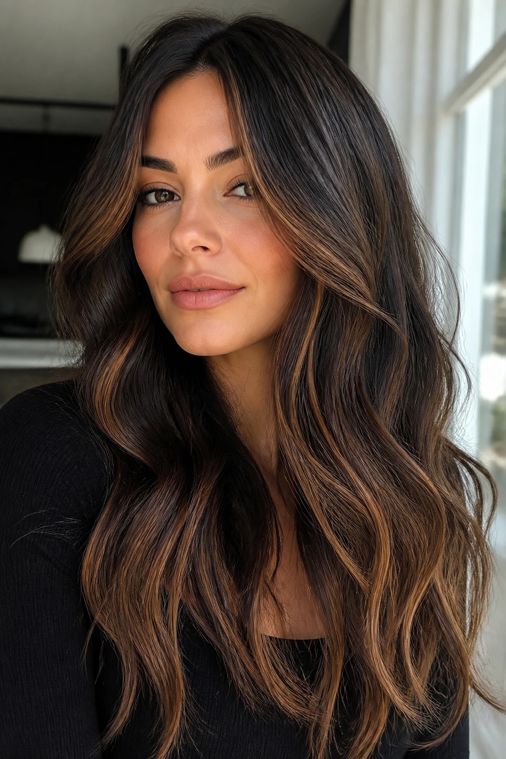 Close-up of thick dark hair with broad caramel and espresso lowlights