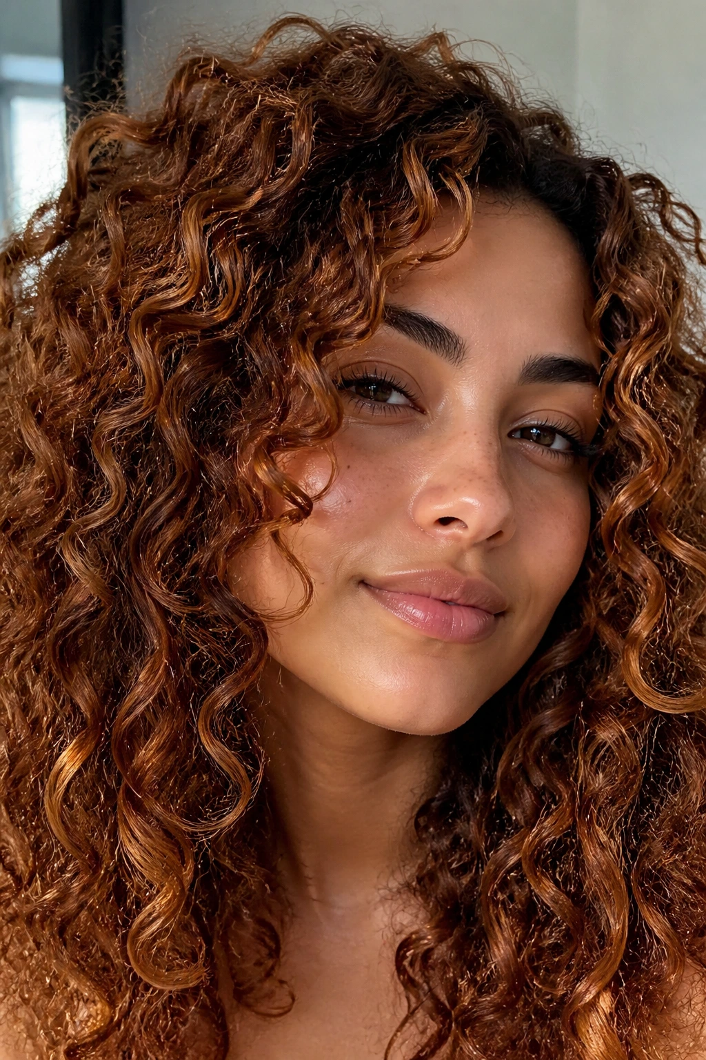 Close-up of a real person with caramel copper curl lights in curly hair