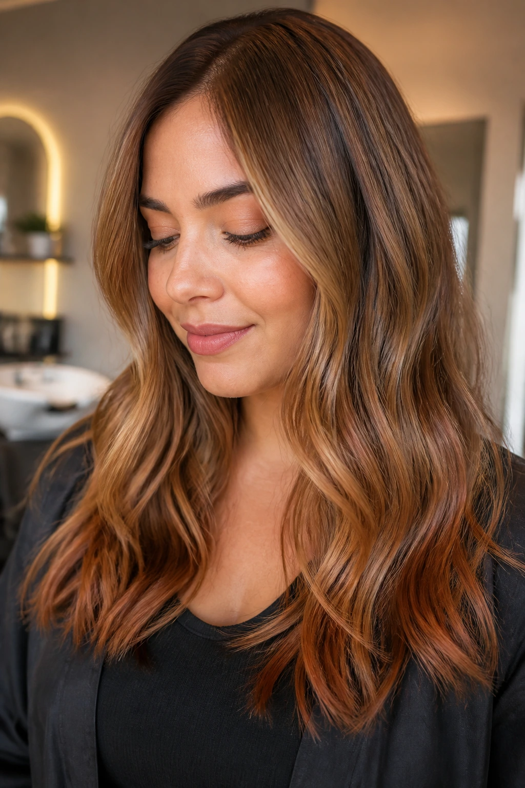 Close up portrait of a person with caramel copper hair showing copper at the ends in warm light