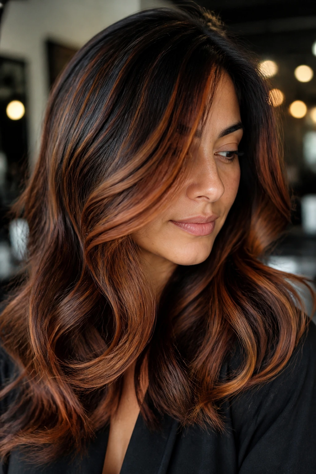 Close-up portrait of a real woman with dark hair and caramel-copper highlights weaving through layers.