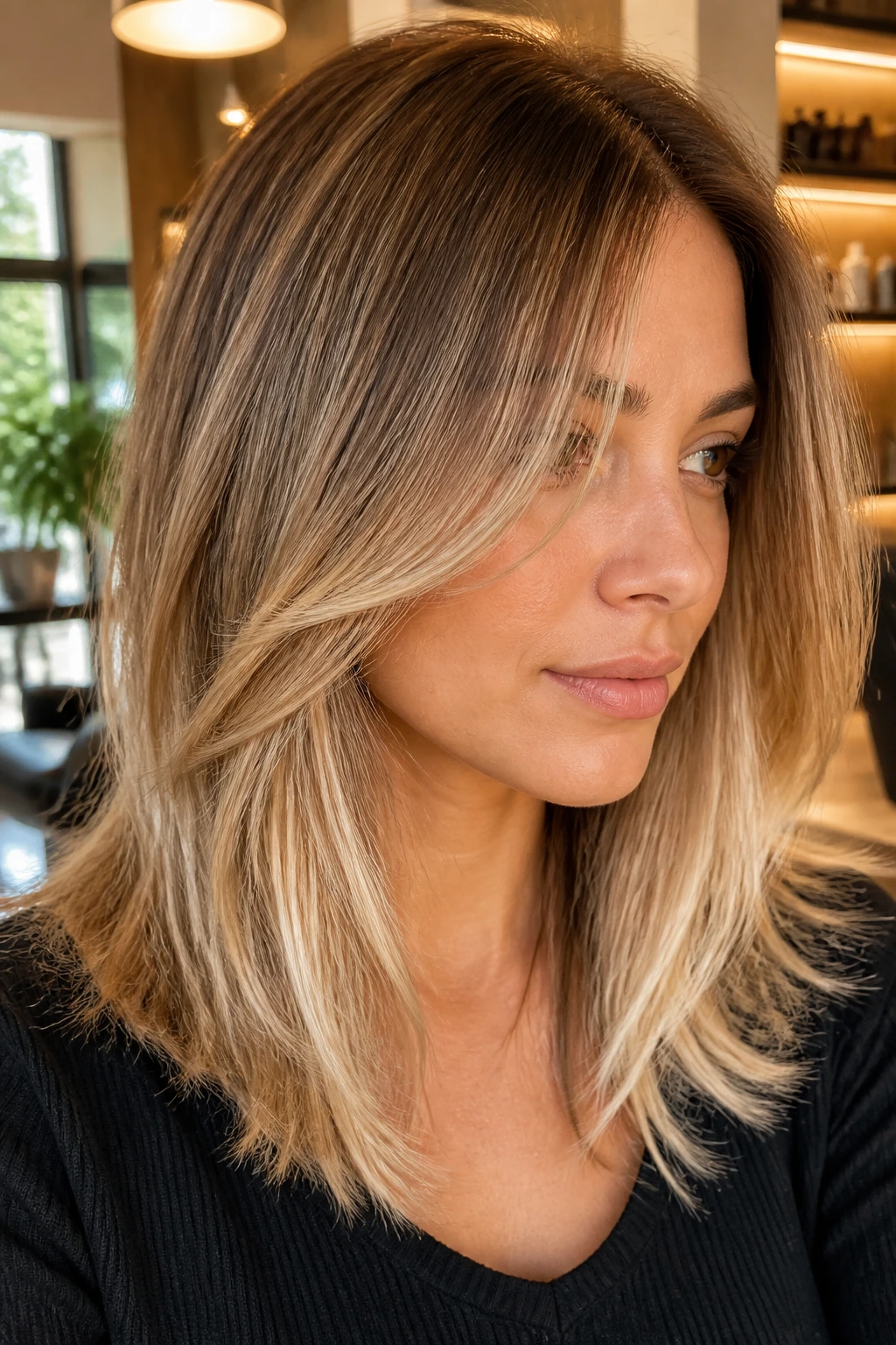 Close-up portrait of a real woman with caramel-to-cream layered midlength hair and dimensional color.