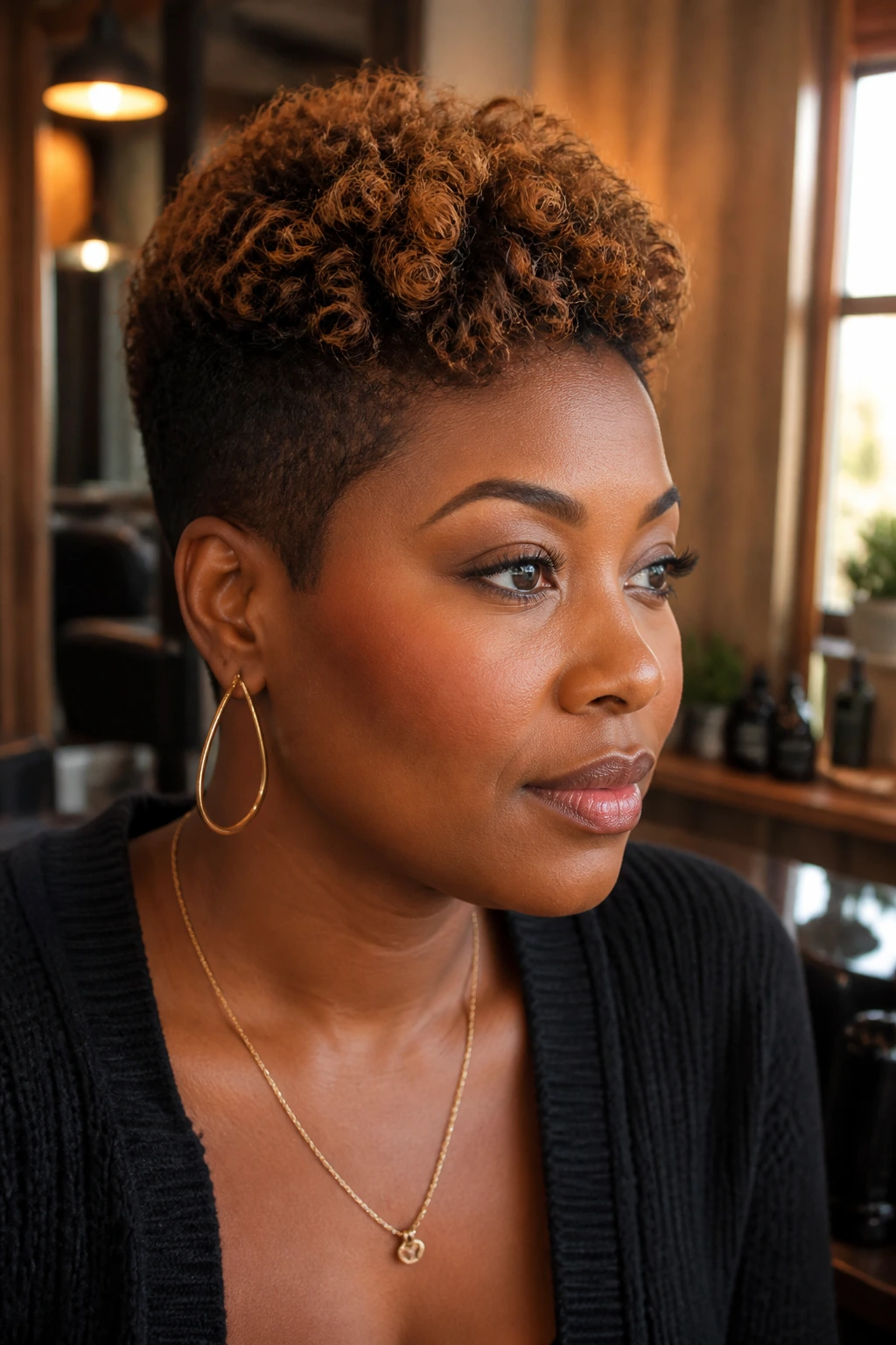 Close-up of a real woman with caramel crown lights on a tapered cut