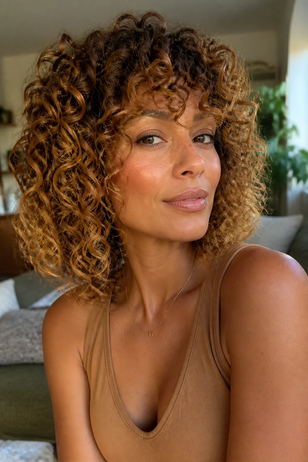 Close-up of real woman's curly hair with bright caramel ends
