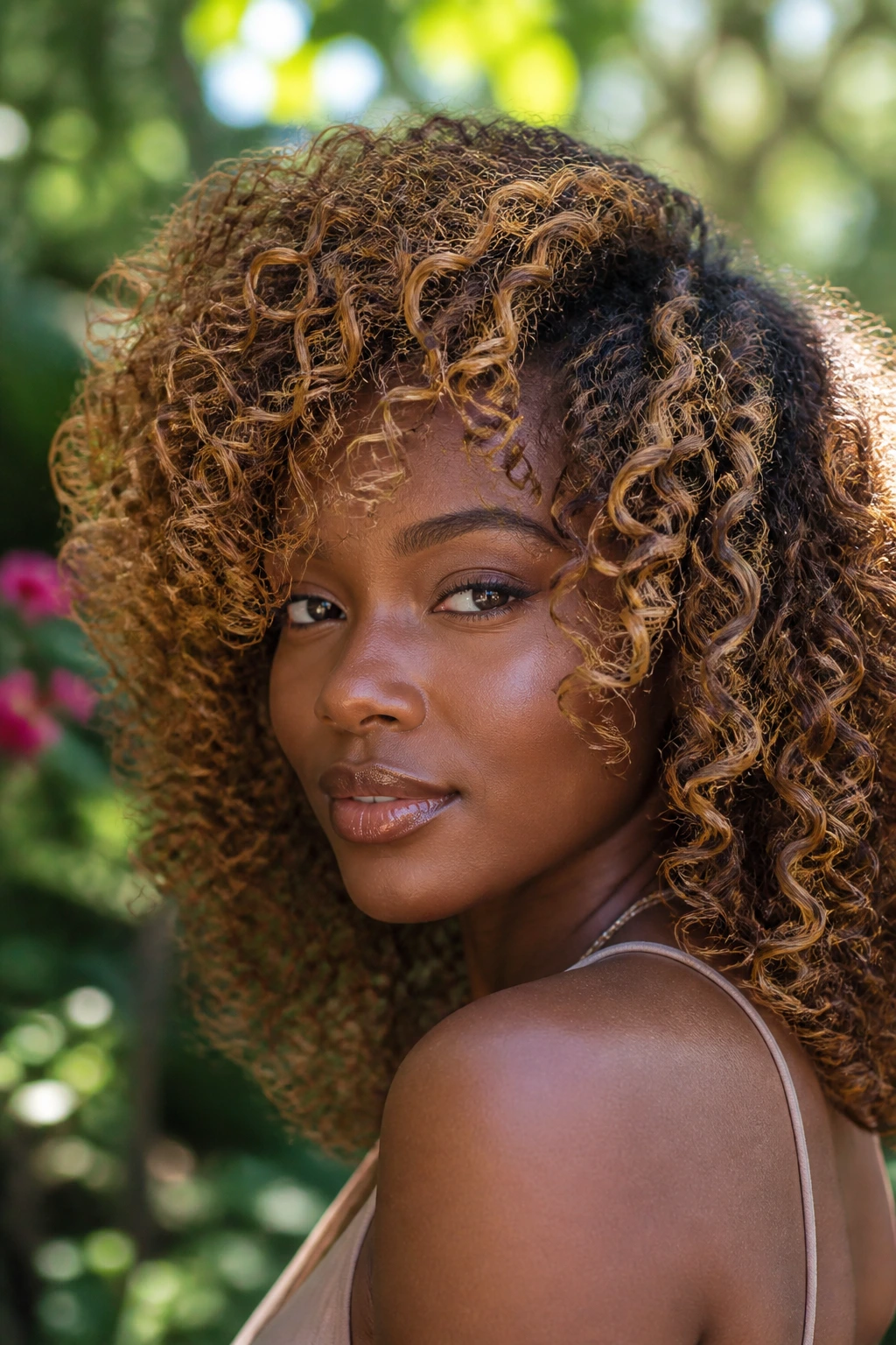 Caramel blonde highlights on curvy hair of a deep-skinned model