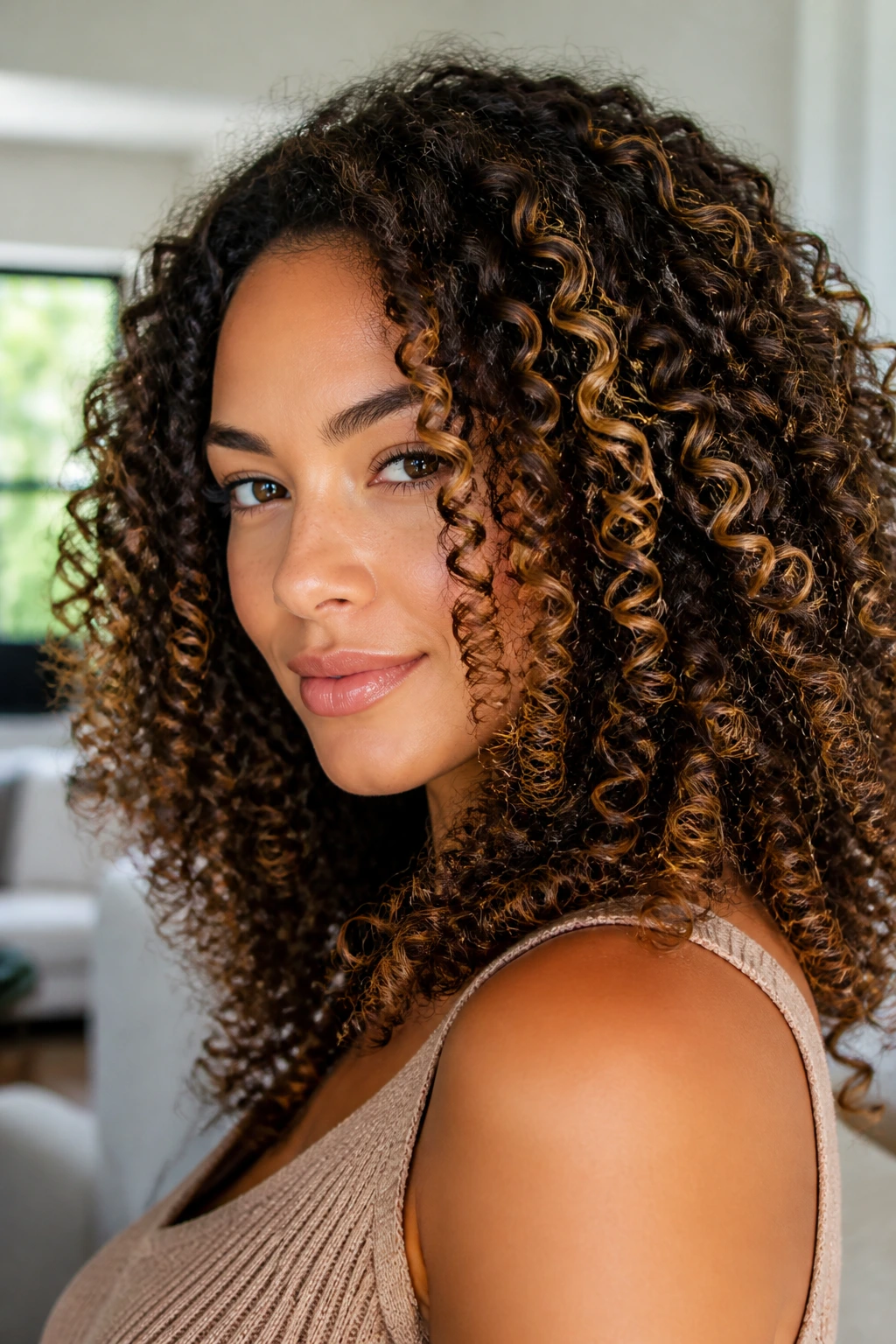 Close-up of a real woman with curly coils and caramel highlights