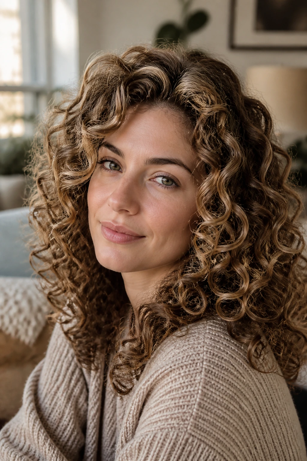 Close-up of a real woman with cool caramel curls and dimensional lowlights