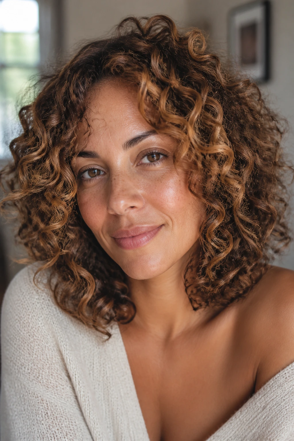 Close-up portrait of a real person with shoulder-length curly hair and caramel highlights in soft window light