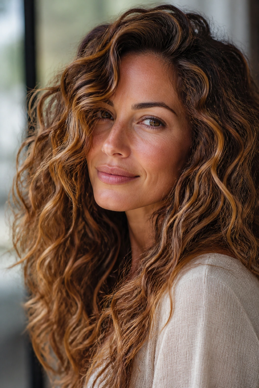 Close-up of curly hair with caramel and copper highlights on beachy waves