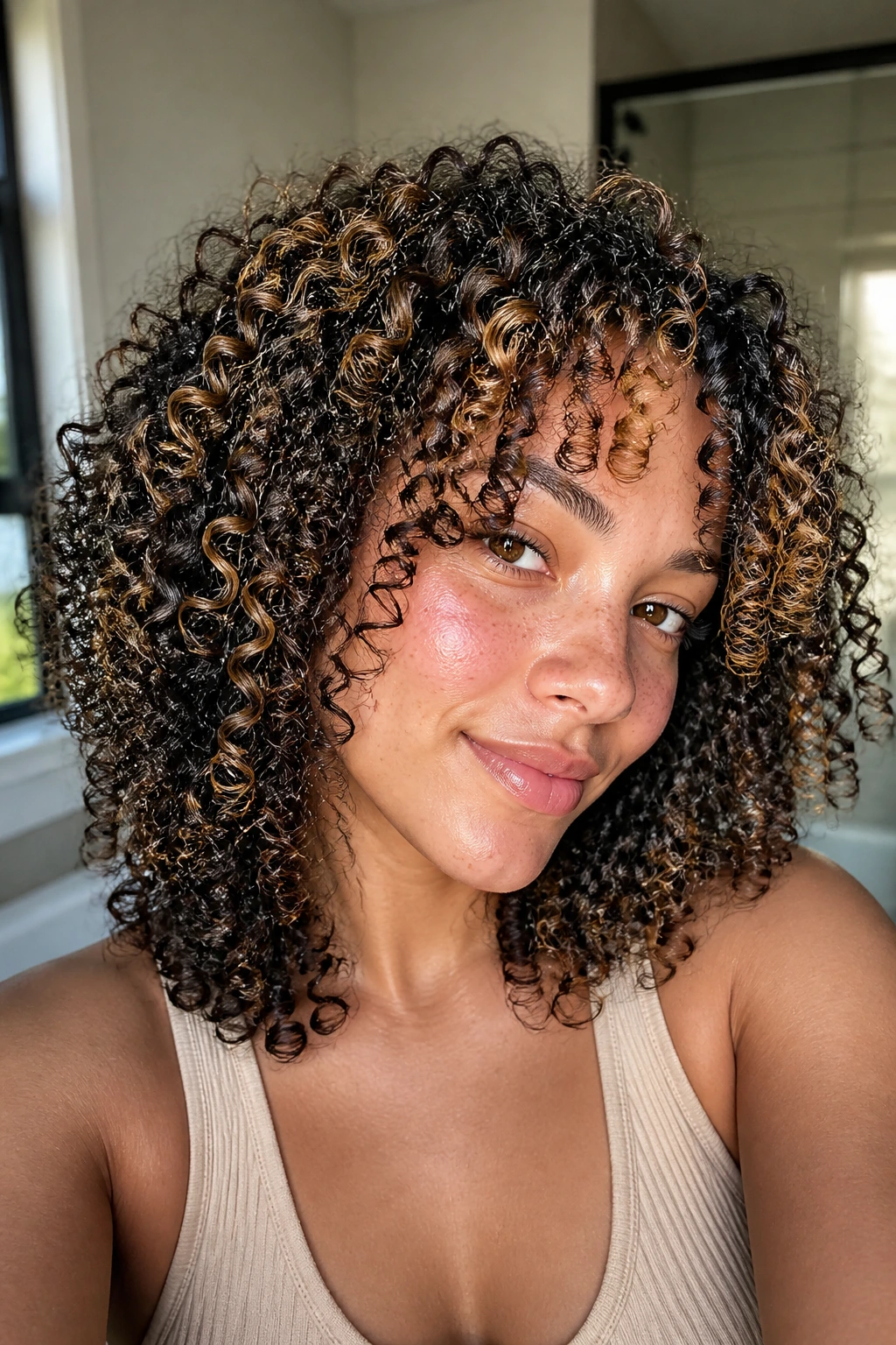 Close-up of defined wash-and-go curls with layered caramel pieces on a real woman