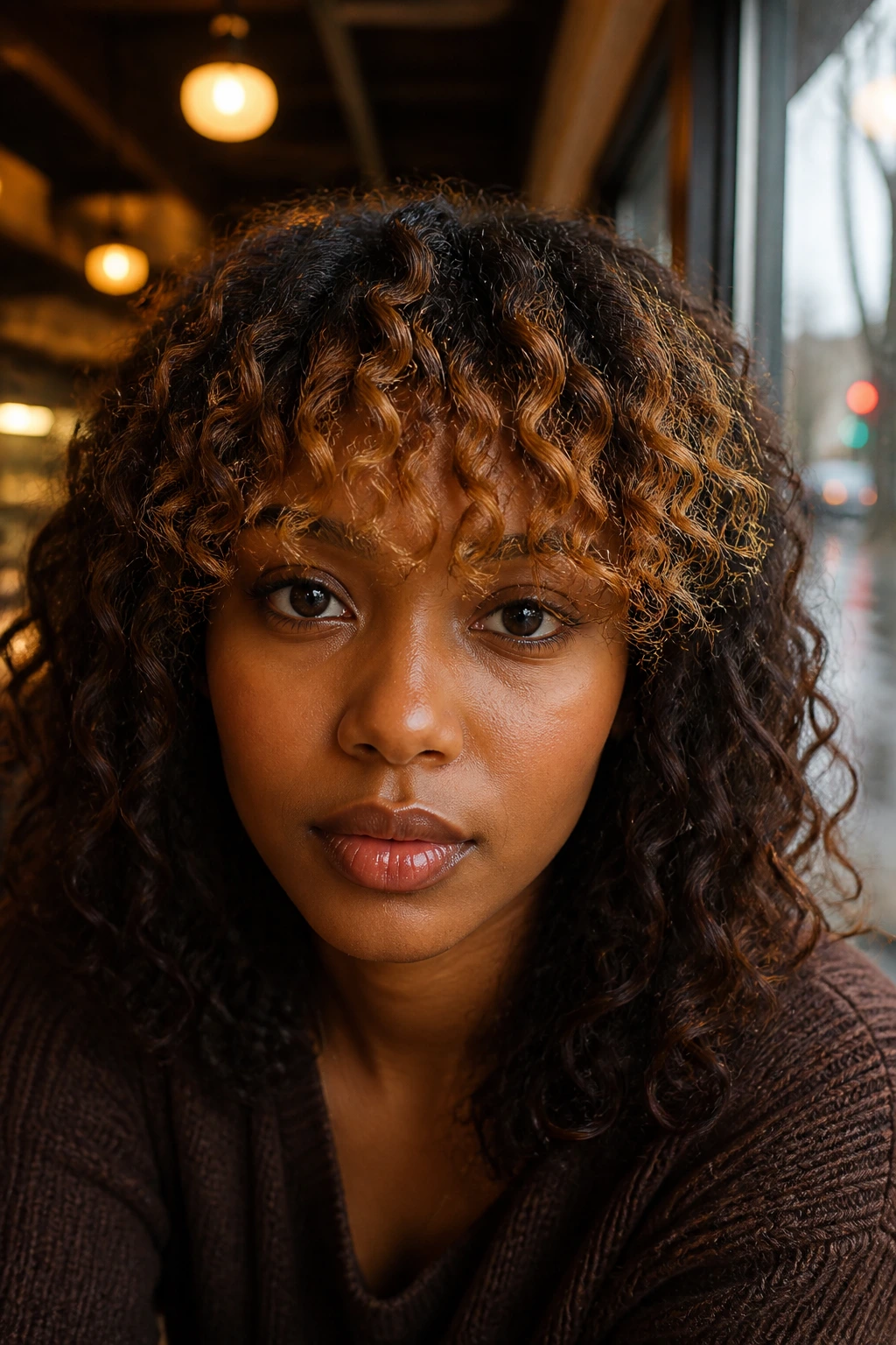 Close-up of caramel curly bangs on a real person, eyes framed by caramel color.