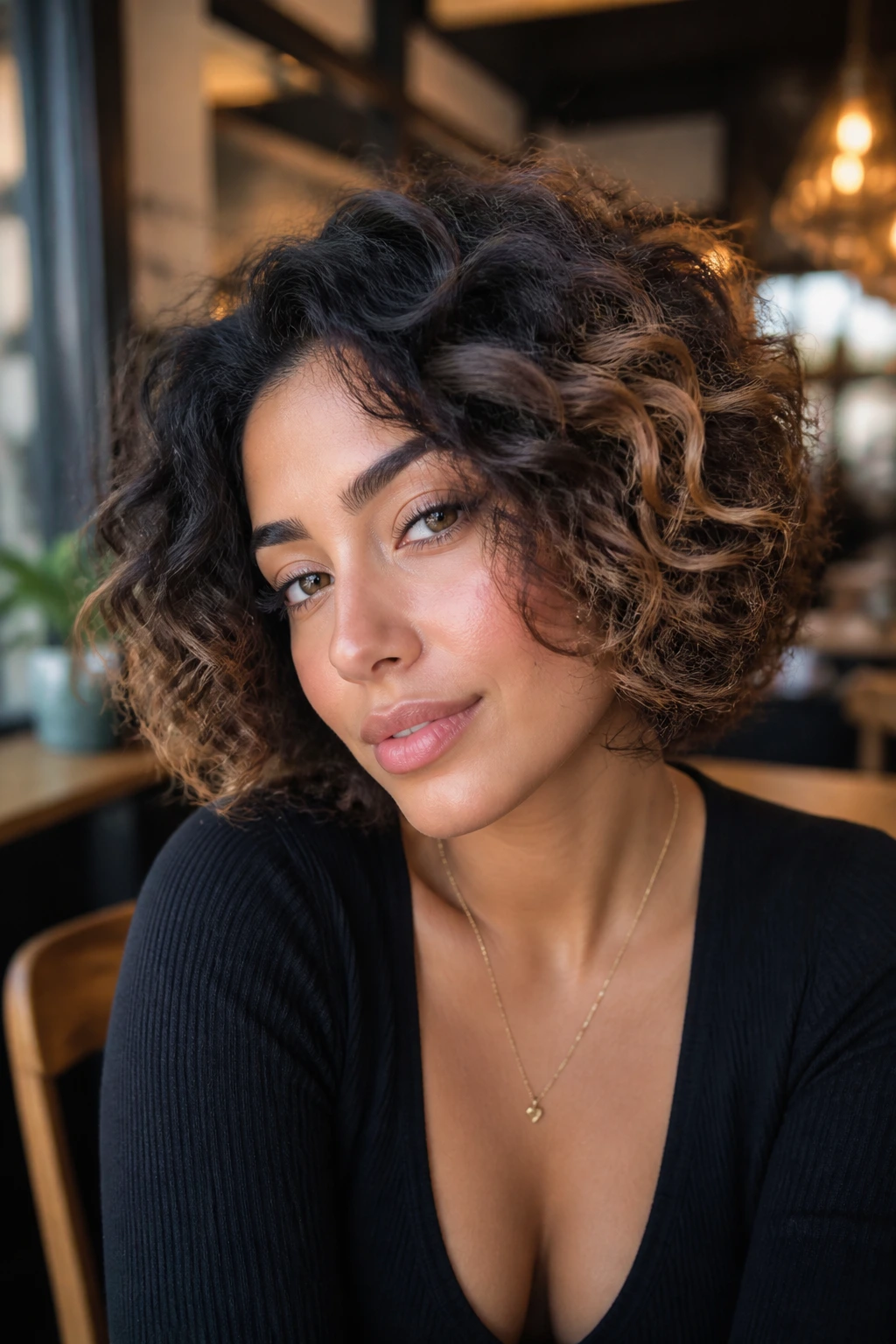 Curly bob with caramel tips on a real person in a cozy setting.