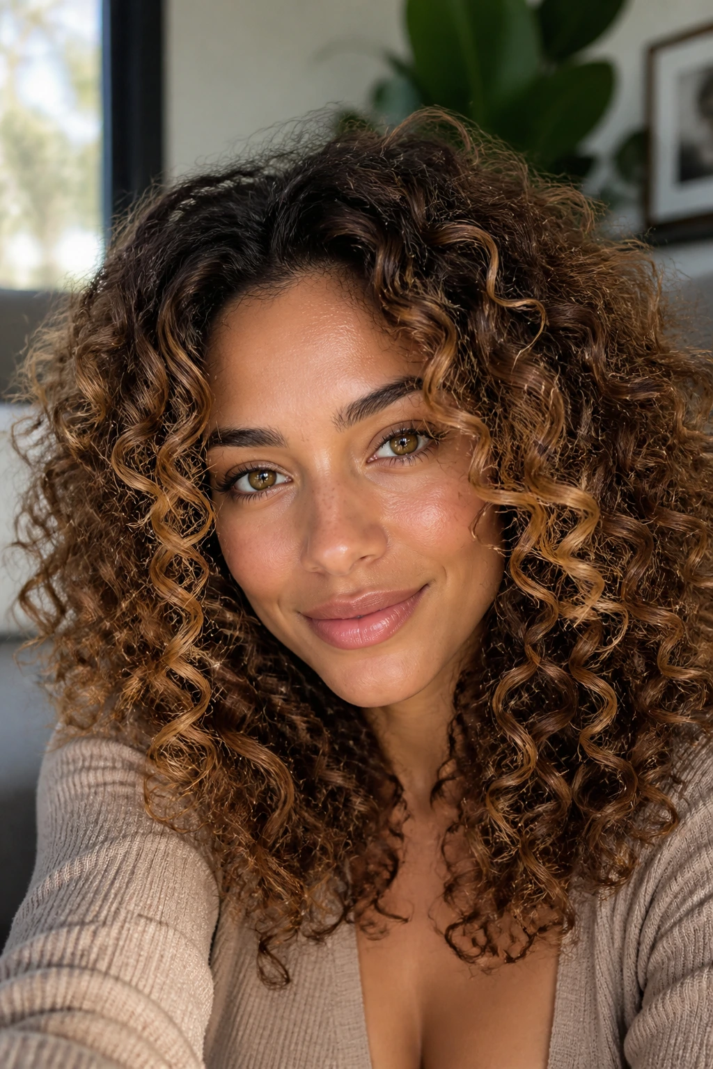 Portrait of woman with caramel halo highlights on curly hair.