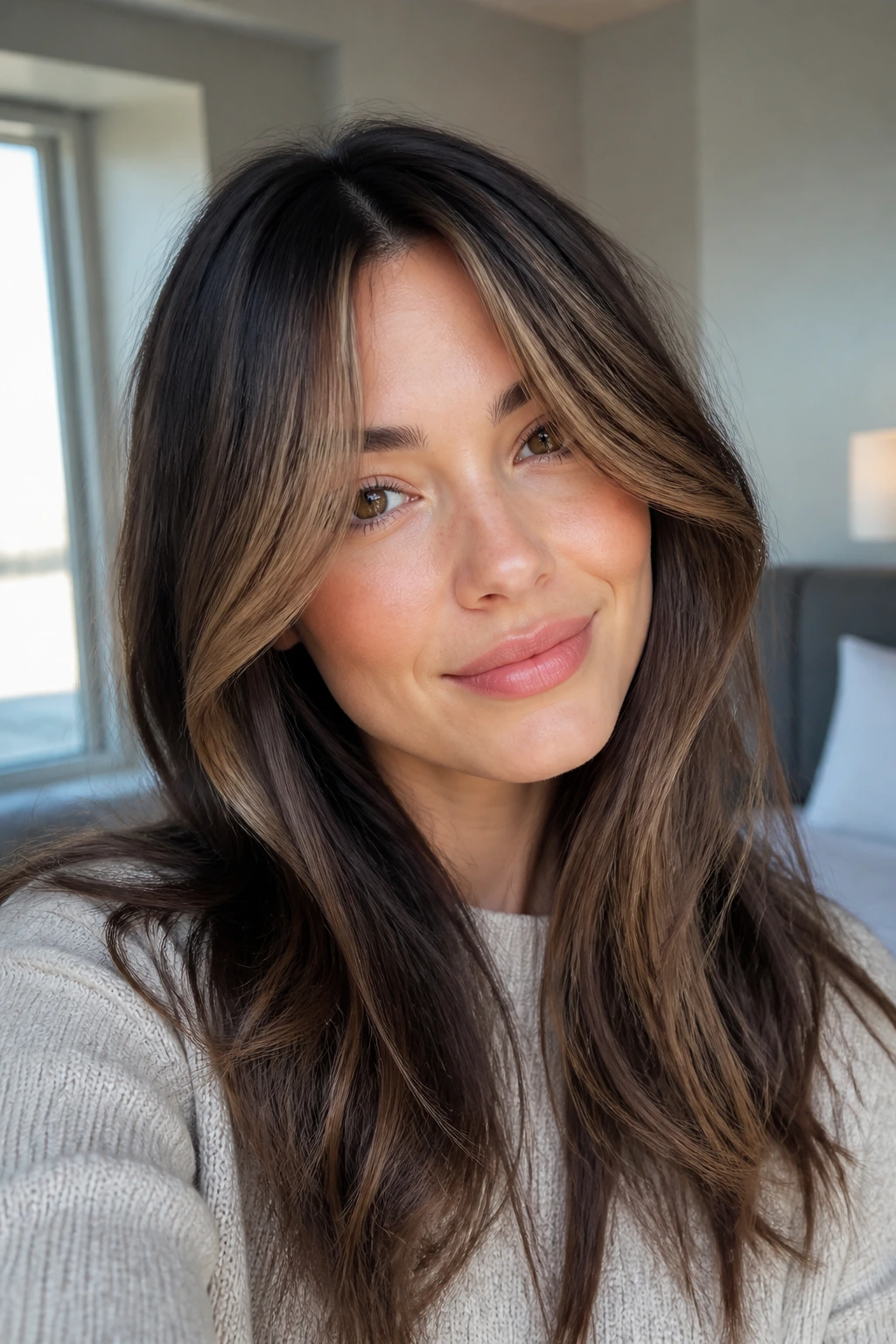 Close-up of a real woman with caramel curtain bangs
