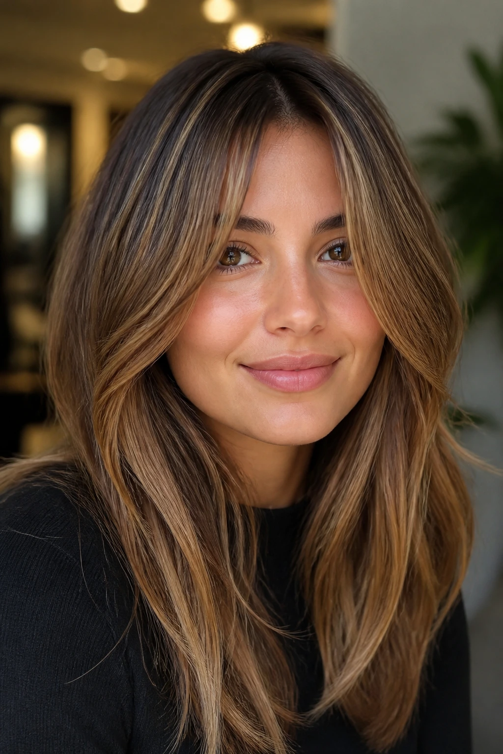 Woman with caramel balayage and curtain bangs framing the face.