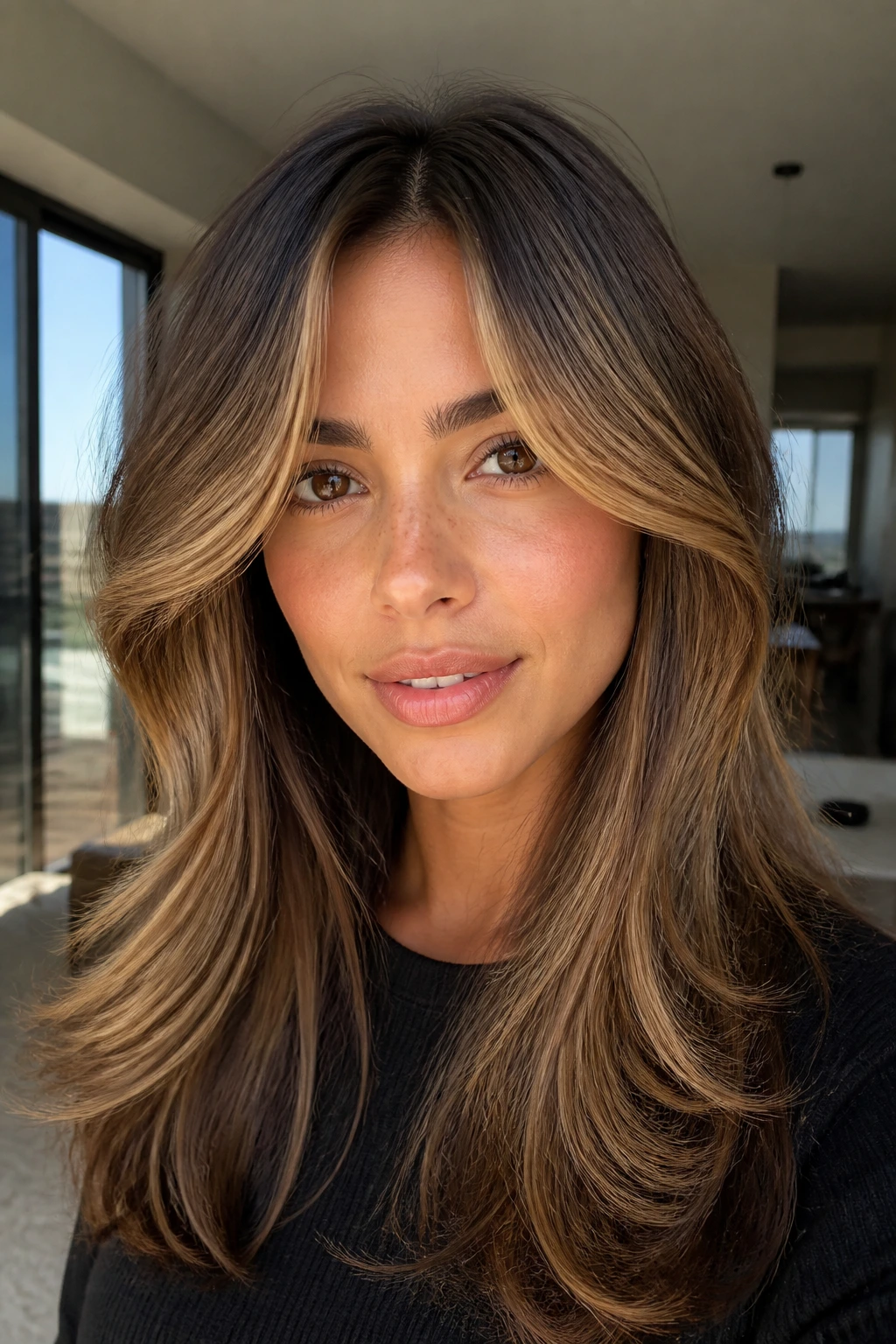 Real woman with caramel curtain highlights and side-swept bangs on olive skin in natural light