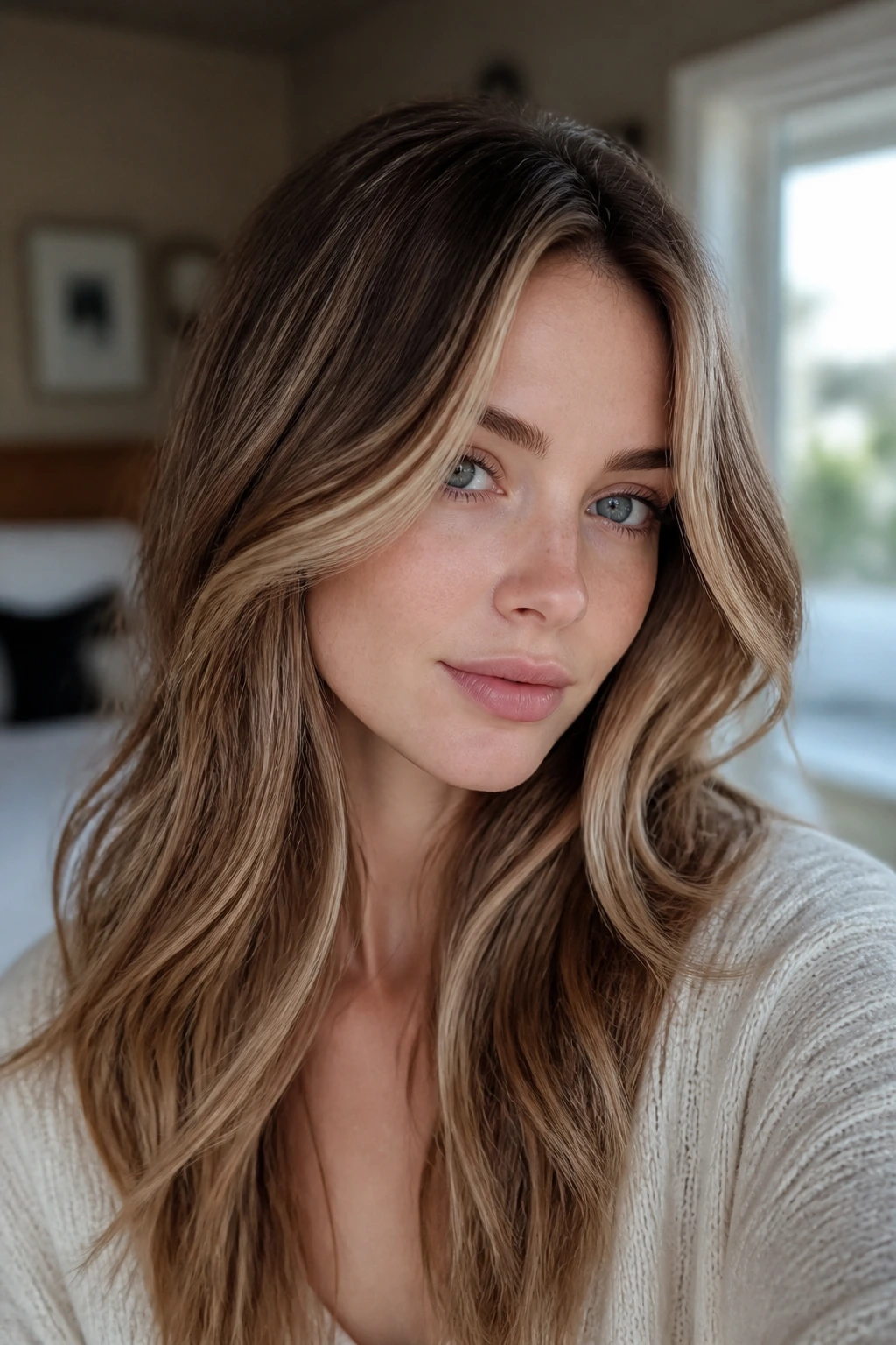 Close-up portrait of a real woman with cool caramel curtain lights framing her face