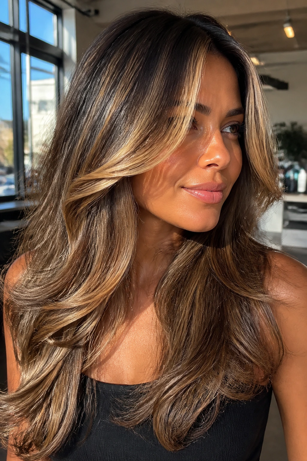 Close-up of a real woman with caramel curtain lights framing the face on tan skin
