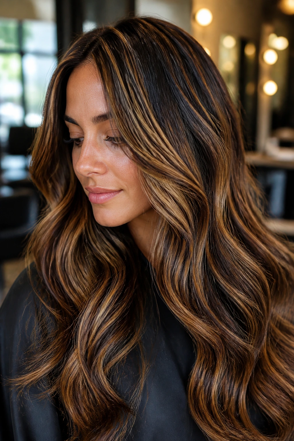 Close-up of thick dark hair with multi-tone caramel hues and espresso lowlights