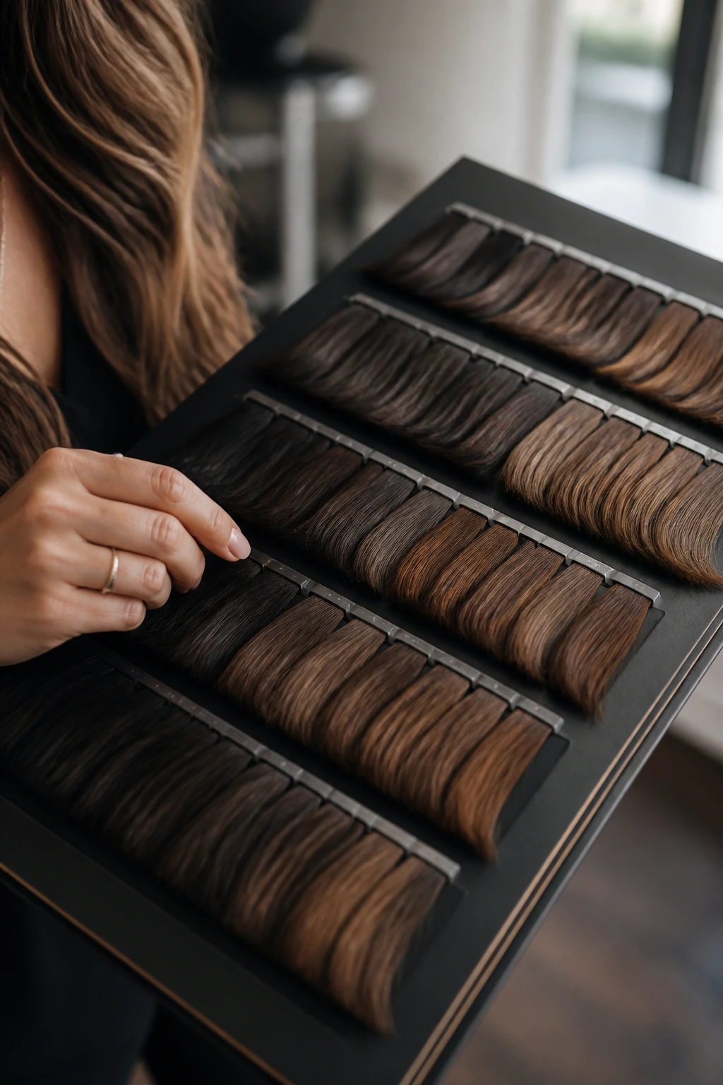 Close-up of dark caramel color swatches in a salon setting