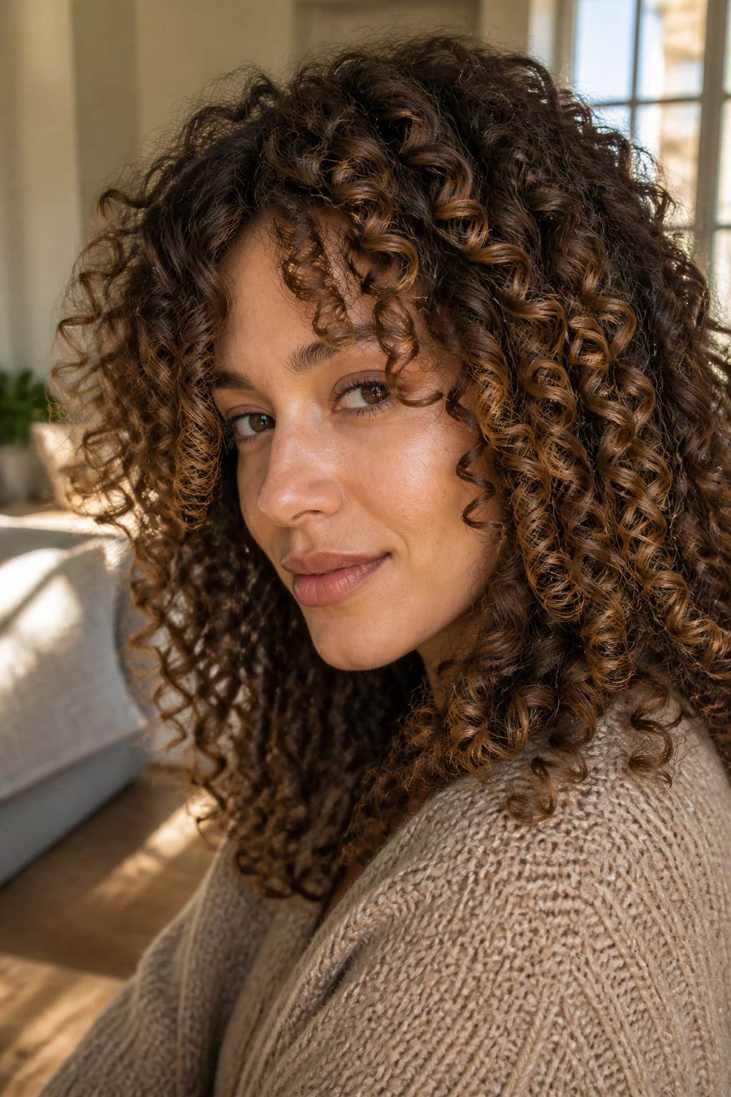 Close-up of curly hair with caramel highlights on raised parts