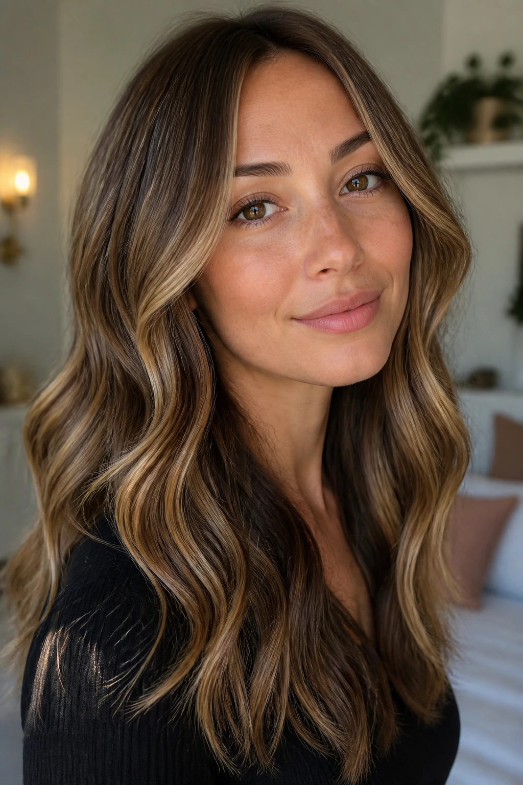 Real person with loose waves showing caramel dimension