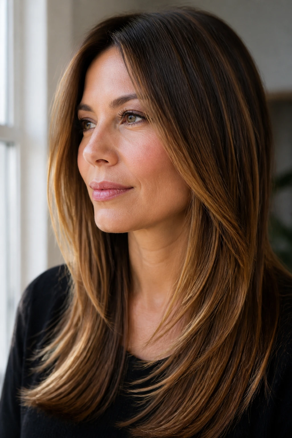 Portrait of woman with straight hair showing caramel dimension under natural light