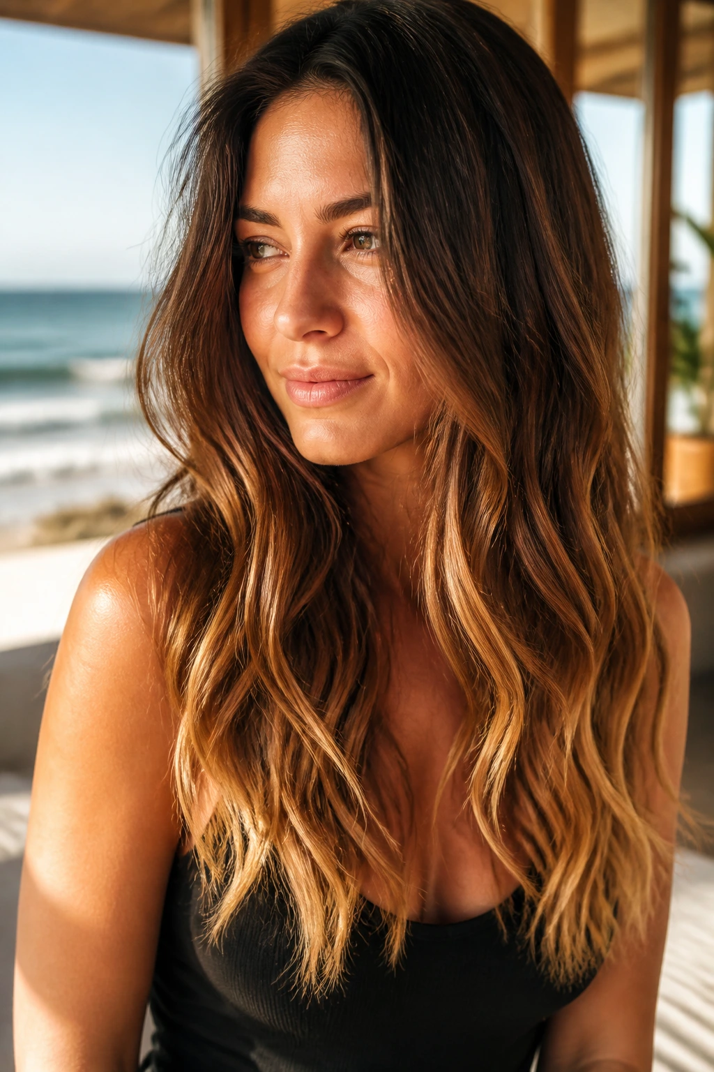 Long hair with caramel dip-dye ends in a close-up portrait