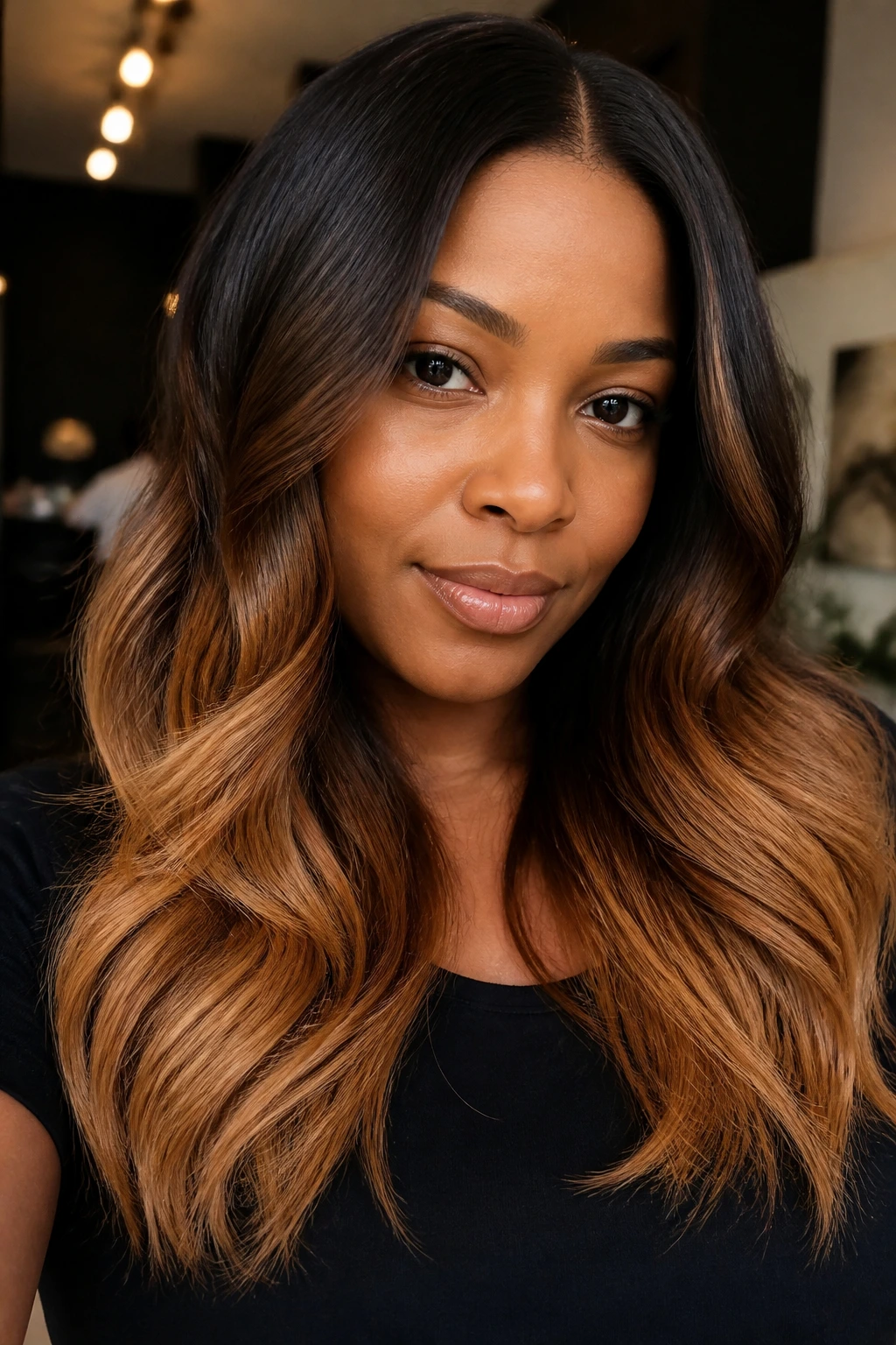 Real person with caramel dip-dye ends and dark top