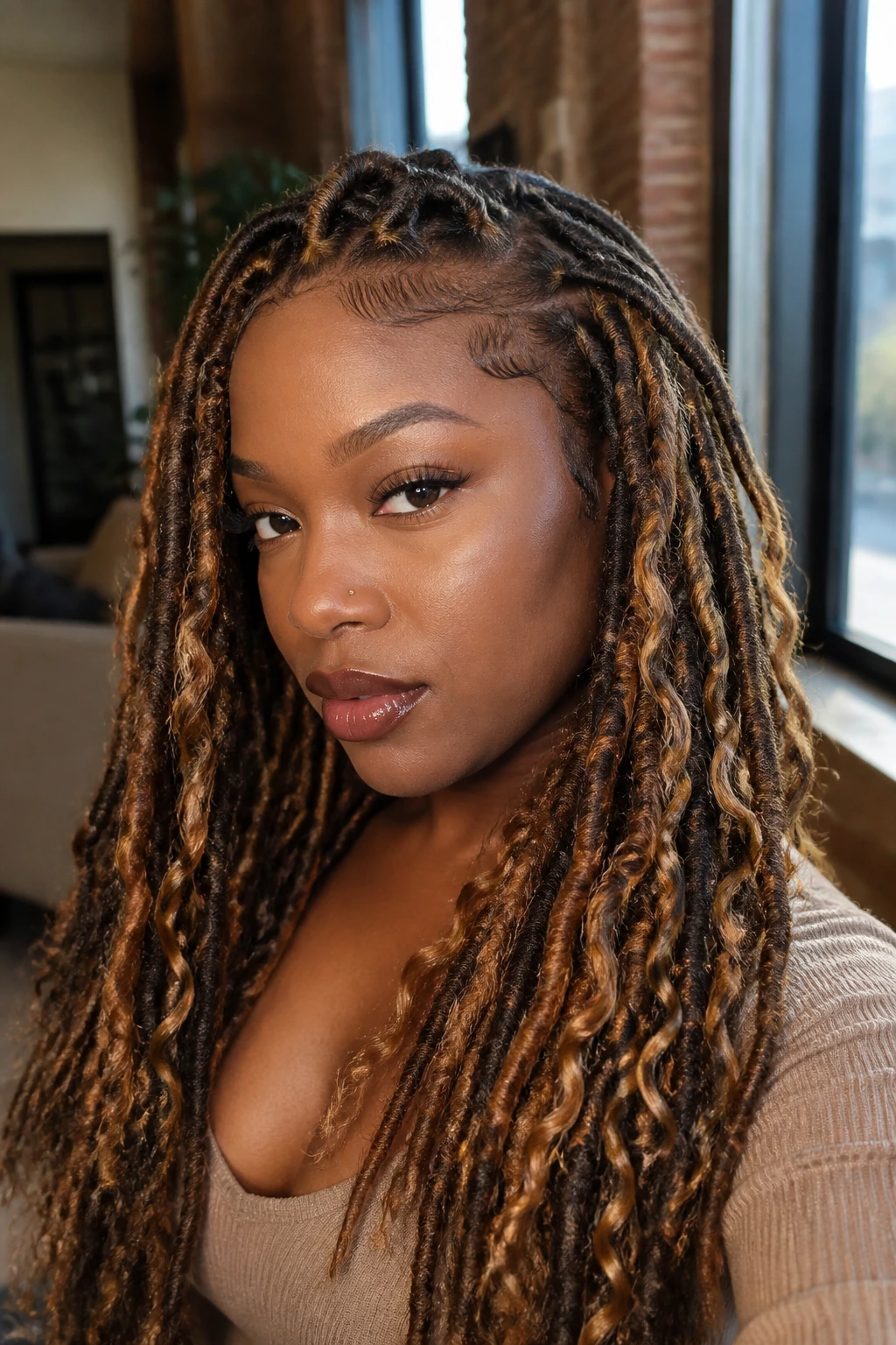 Close-up portrait of a person with caramel-drizzle faux locs.