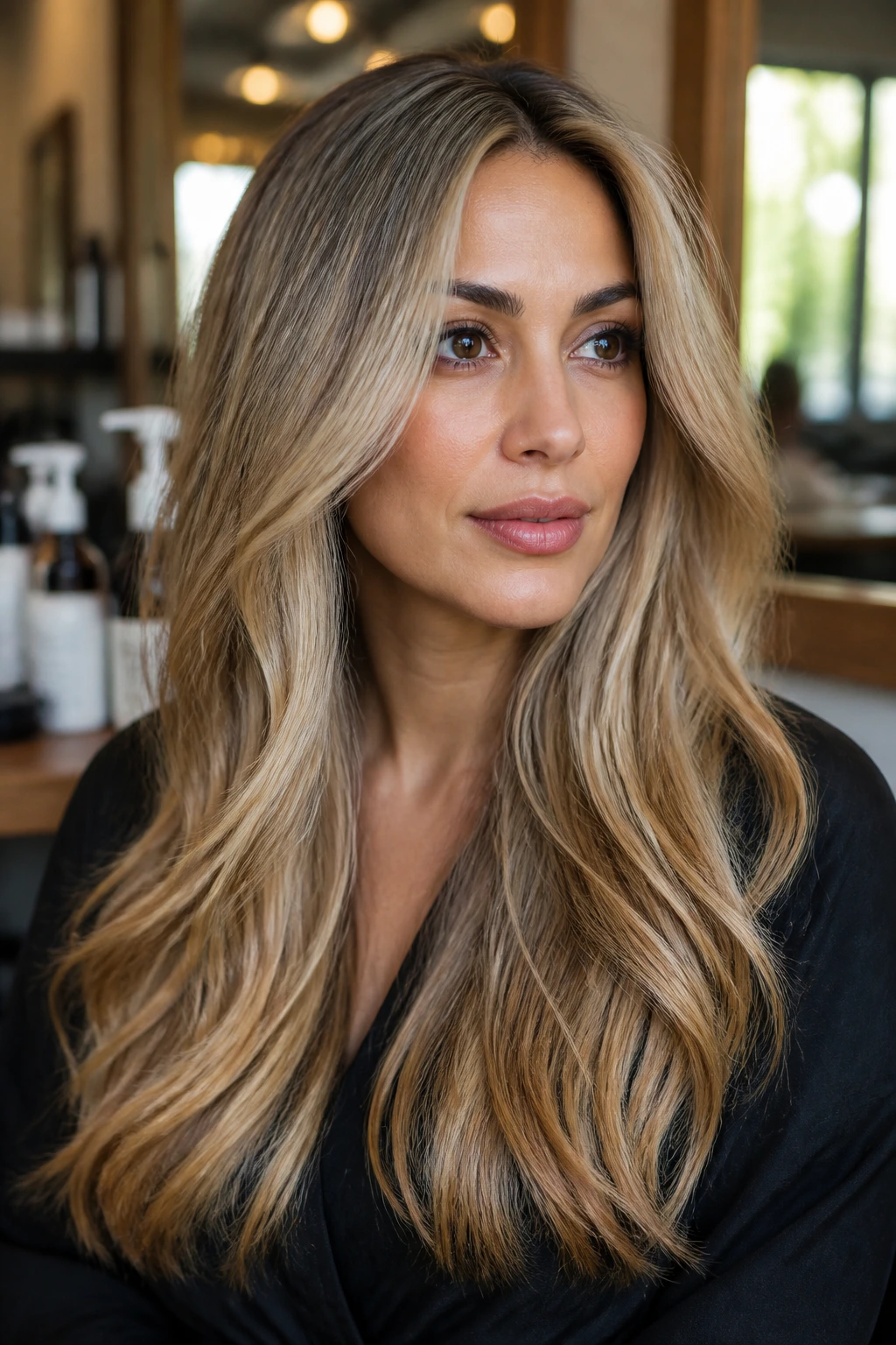 Close-up portrait of a real woman with caramel-softened ends on beige-cream hair, warm light