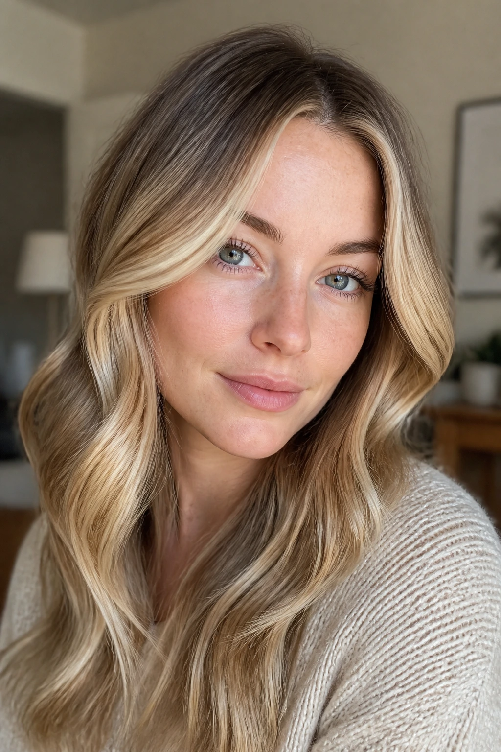 Portrait of a real woman with caramel face-frame blonde highlighting near the face