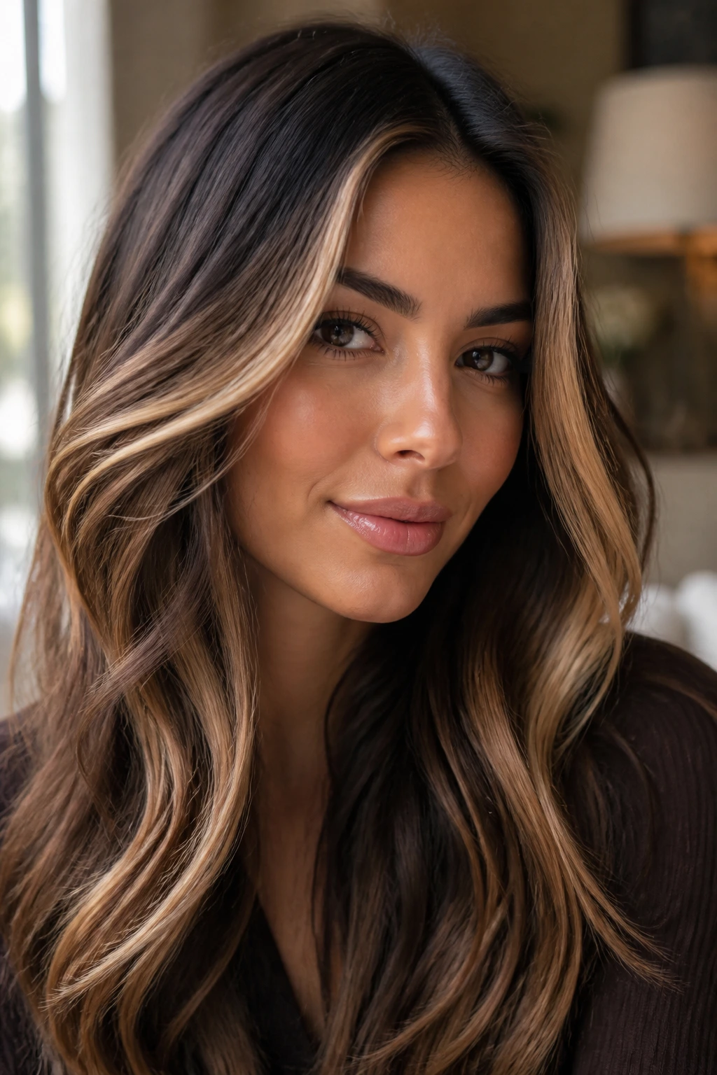 Close-up of brunette woman with bold caramel face-frame highlighting cheekbones in a warm living room