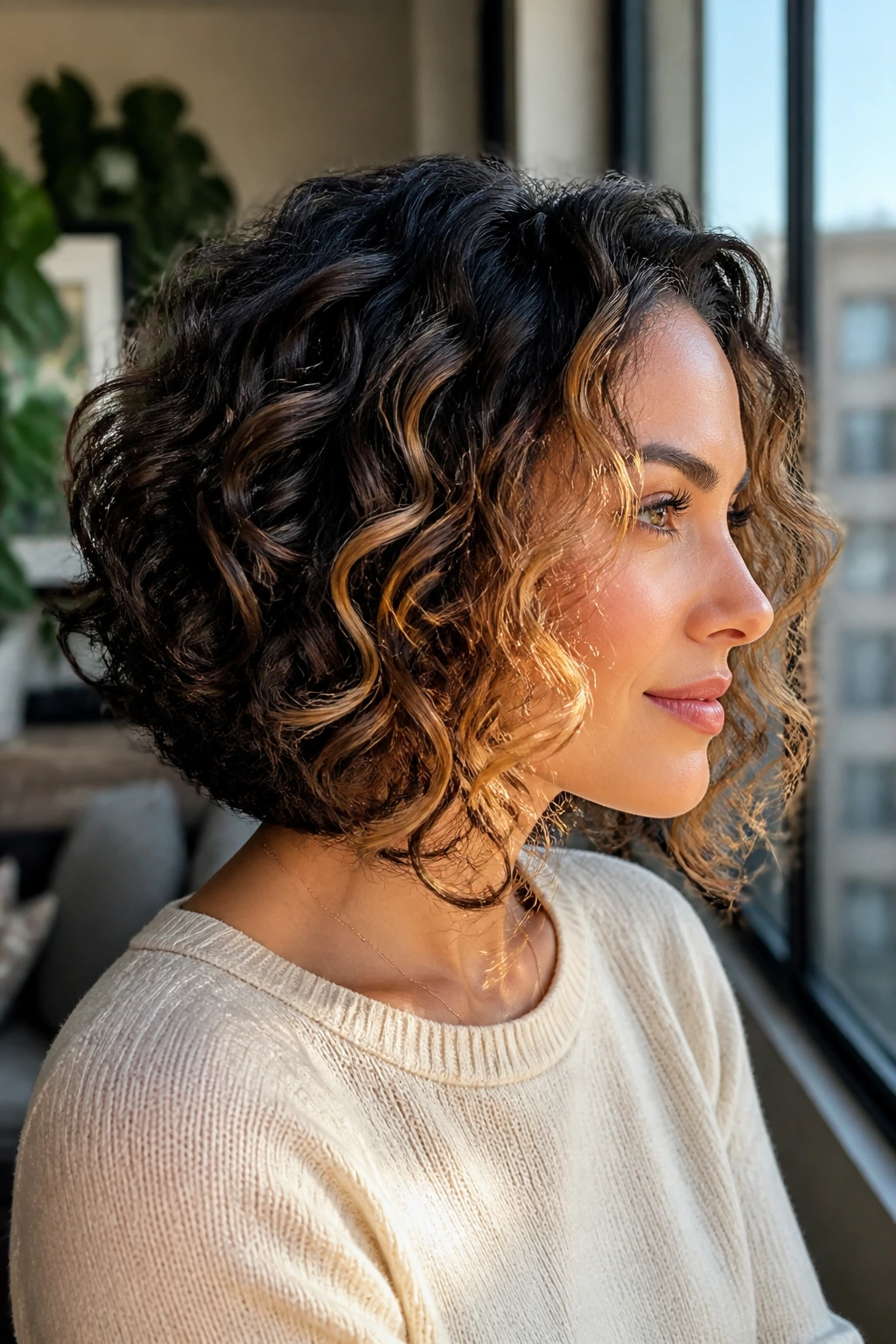 Close-up of caramel face-frame babylights on an inverted curly bob