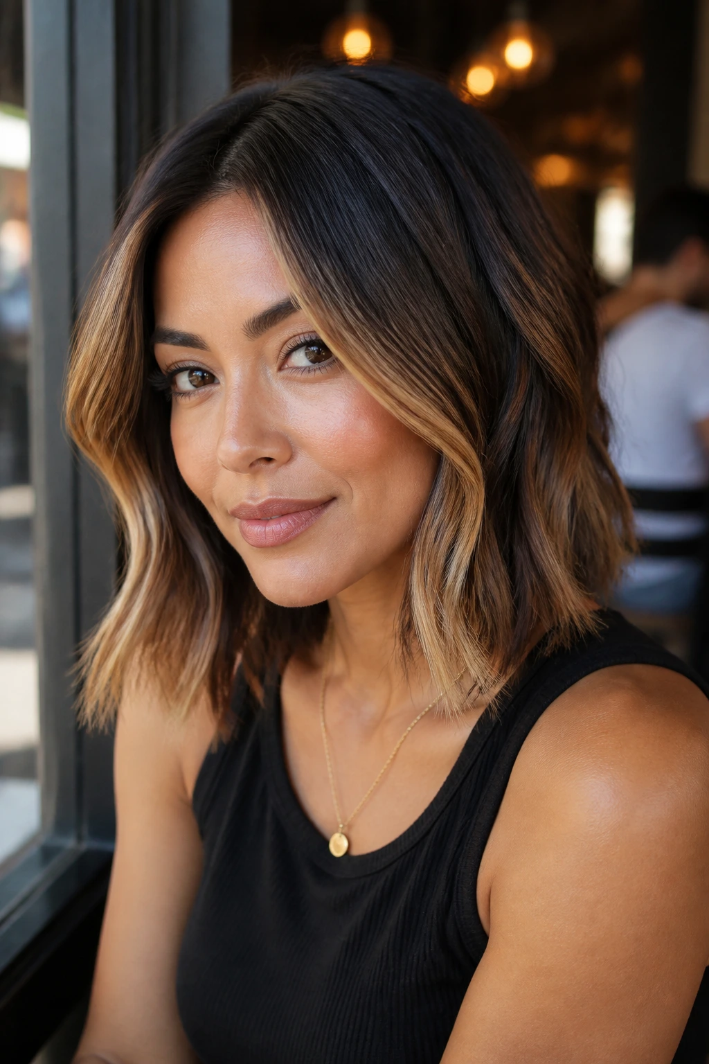 Close-up of Caramel Face-Frame Lob with caramel framing around cheekbones and jawline