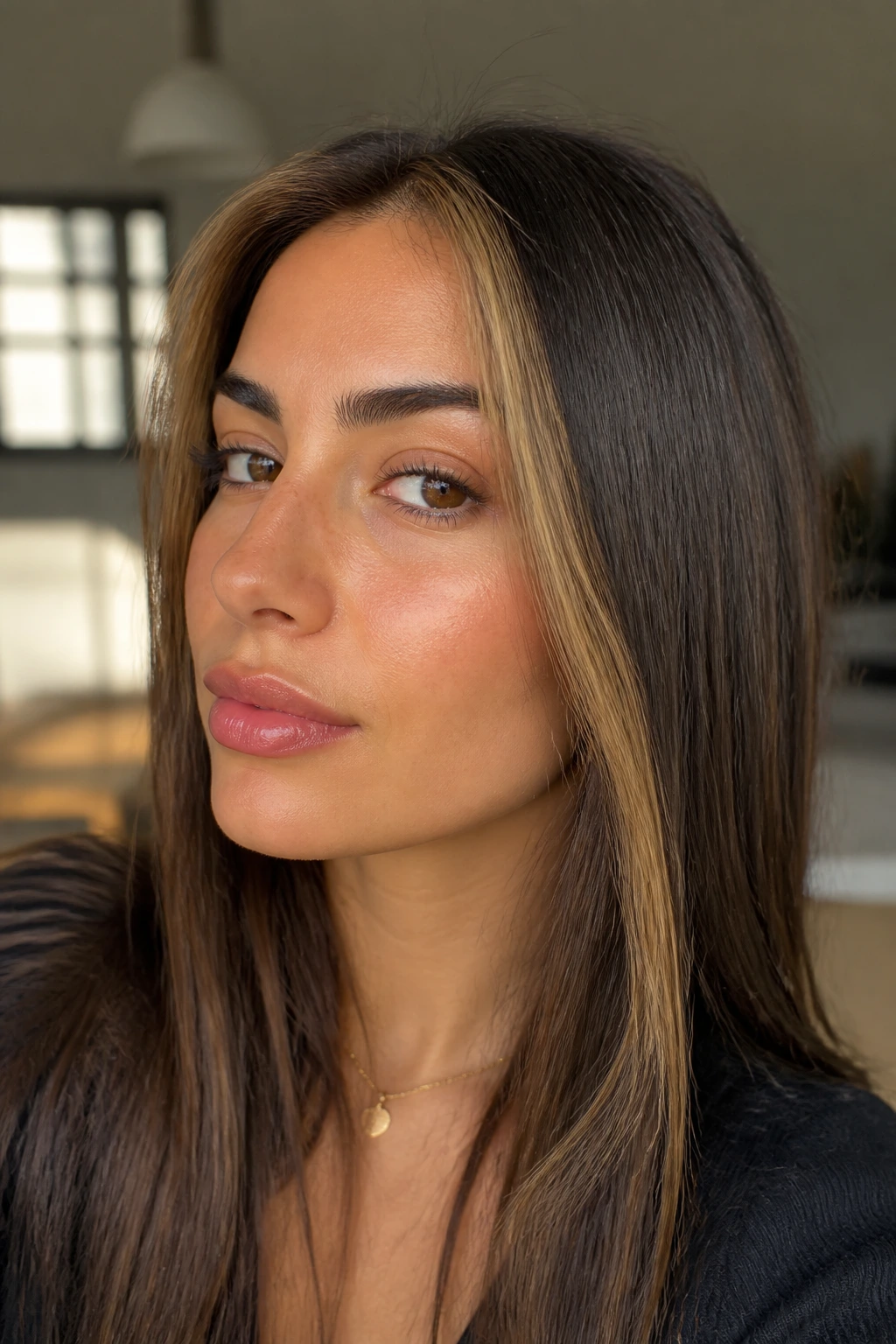 Portrait of a real person with caramel face-frame on straight hair and olive skin