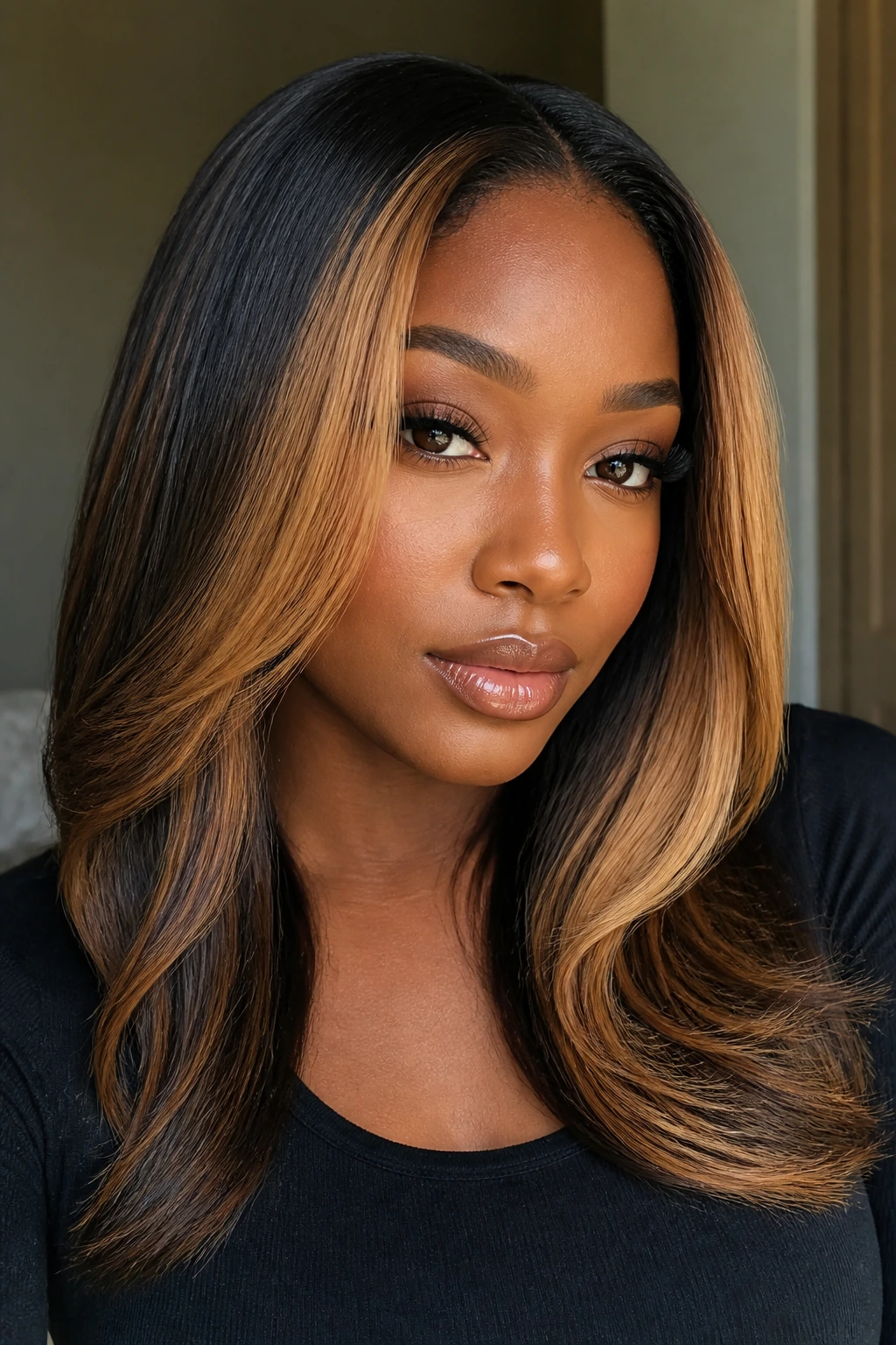 Portrait of a person with caramel face-framing silk press highlights